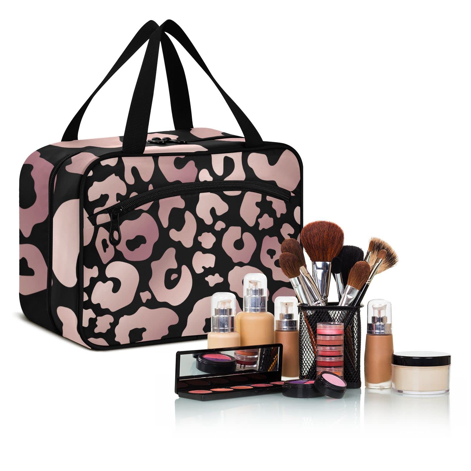 Black Rose Gold Leopard Travel Toiletry Bag for Women - Hanging Cosmetic Organizer for Makeup & Travel