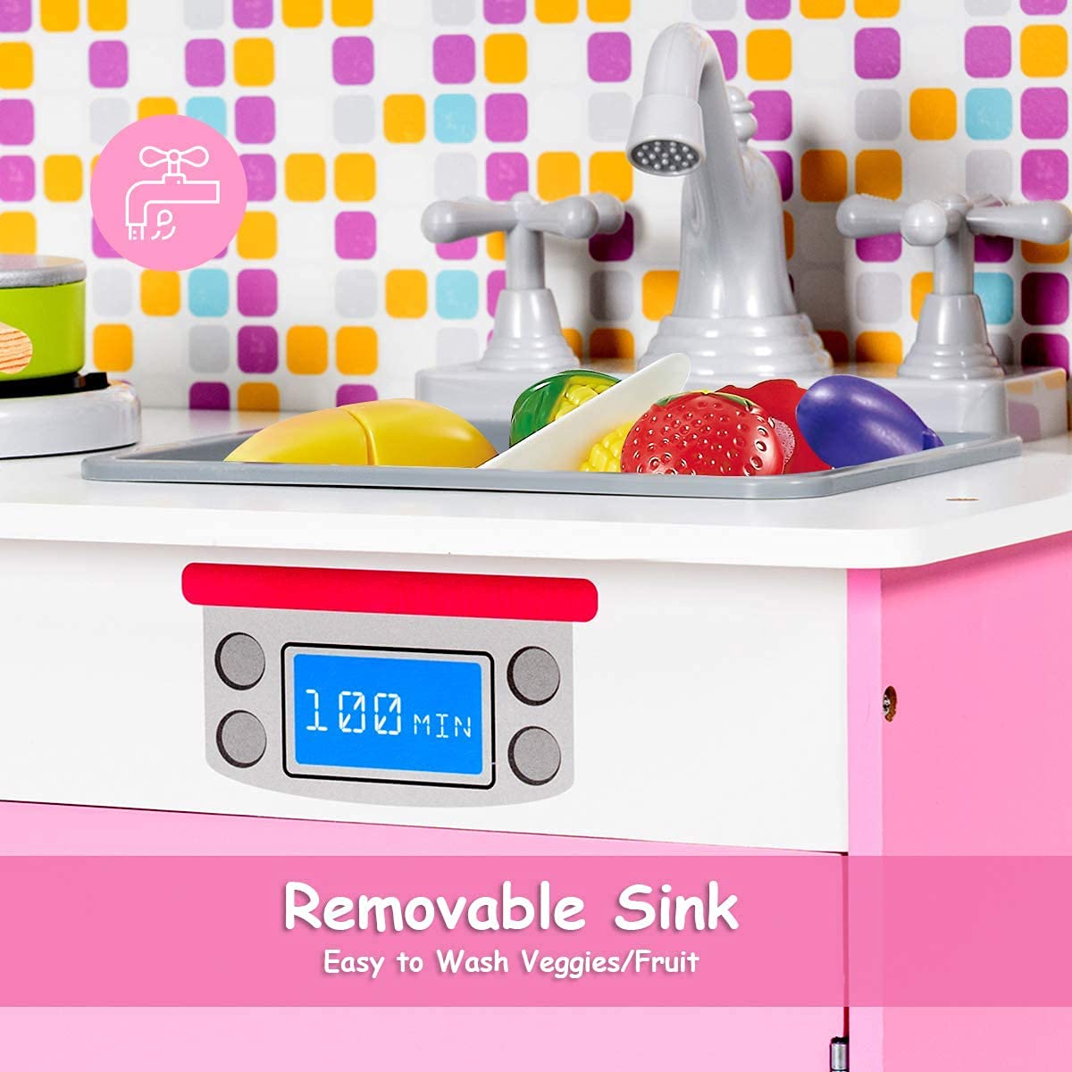 ARLIME Wooden Kids Kitchen Playset with Removable Sink, Microwave & Cookware - Large Storage Cabinet Pretend Play Toy for Boys & Girls (Pink) | Perfect for Home, Preschool & Daycare Role Play Activities