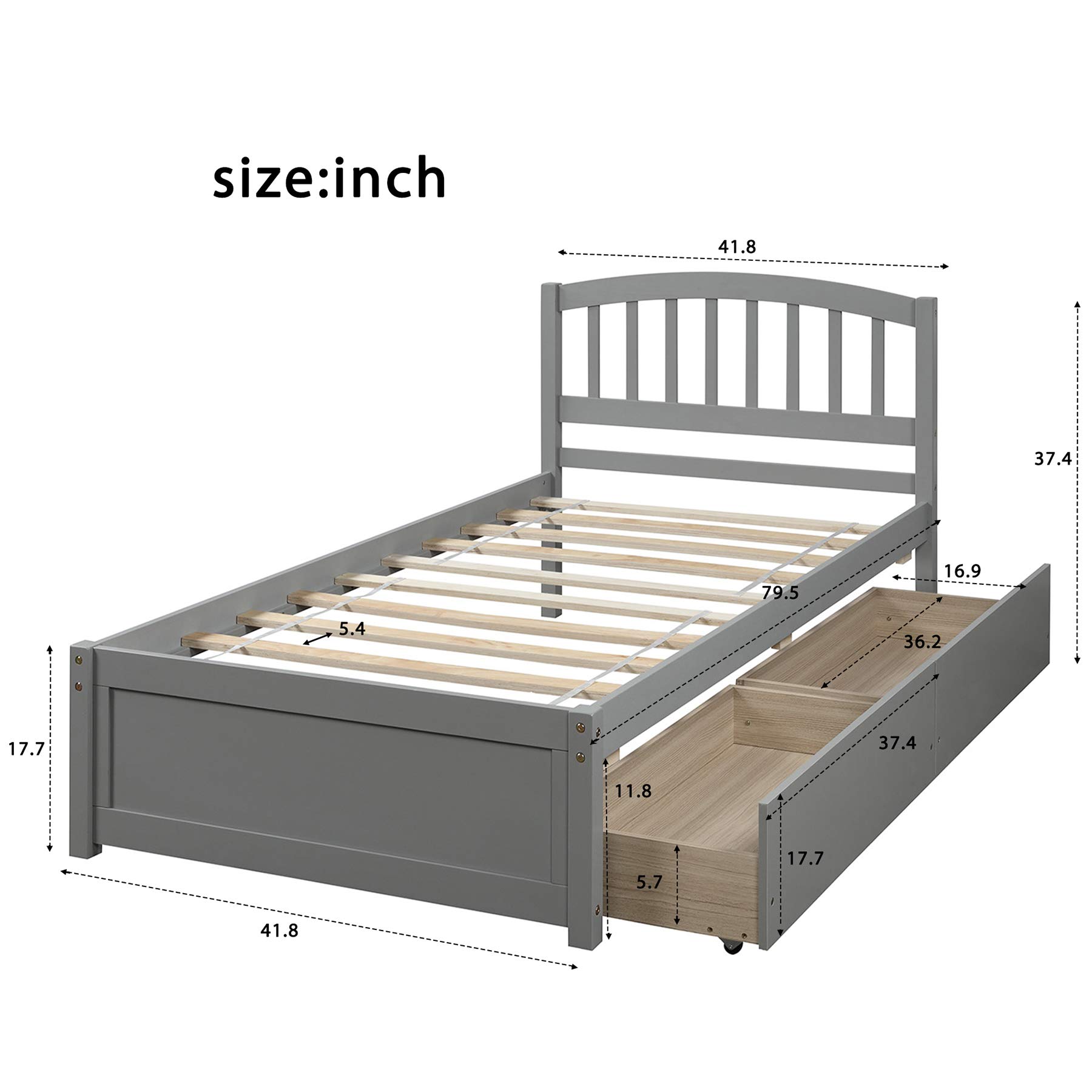 P PURLOVE Twin Size Wooden Storage Bed Frame with 2 Drawers & Headboard - Space Saving Platform Bed for Small Bedroom, Gray - Perfect for Kids Room, Guest Room or Studio Apartment