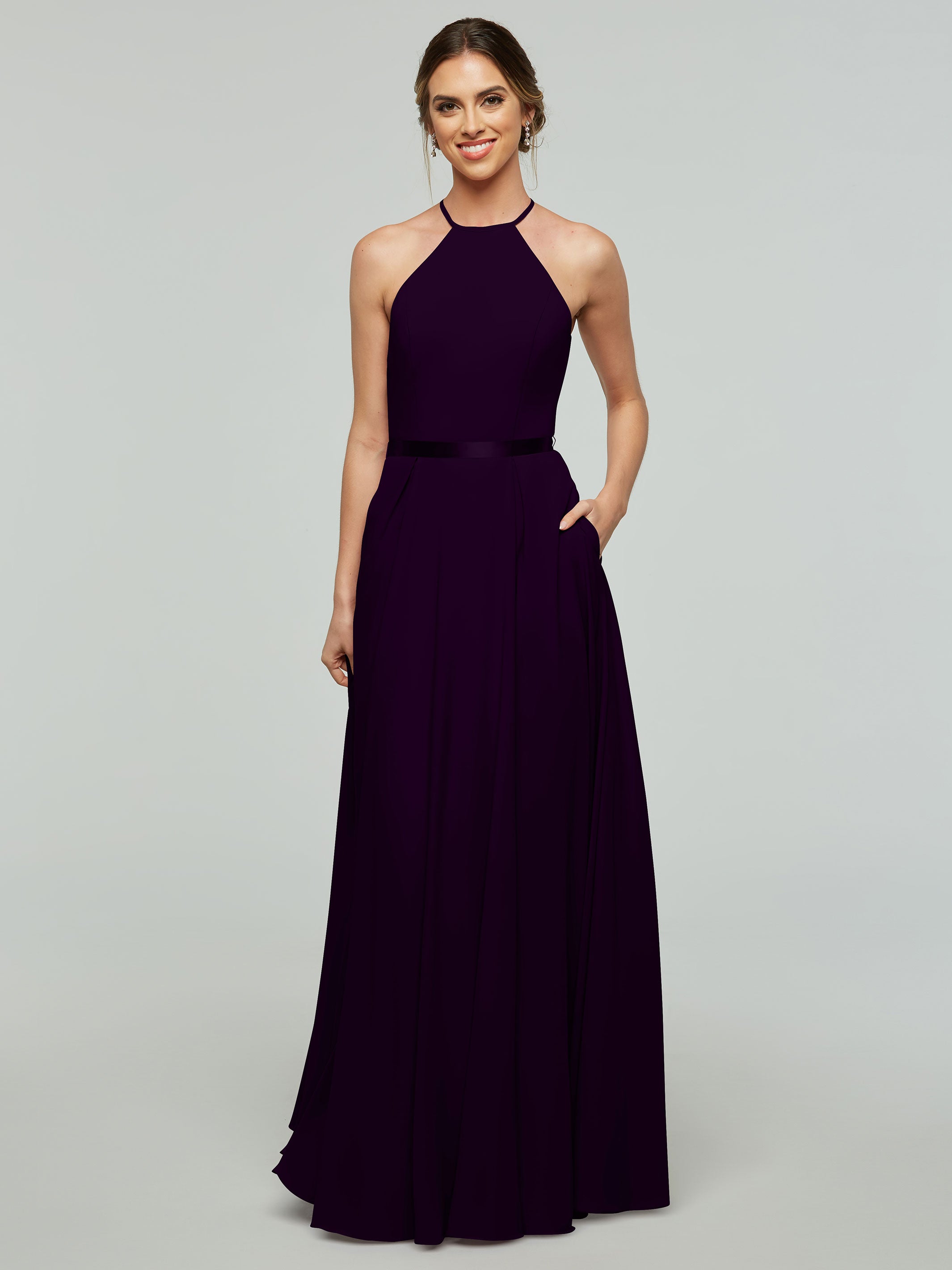 Elegant A-Line Stretch Chiffon Bridesmaid Dress with Halter Neckline & Adjustable Waist Belt - Perfect for Weddings, Formal Events & Special Occasions
