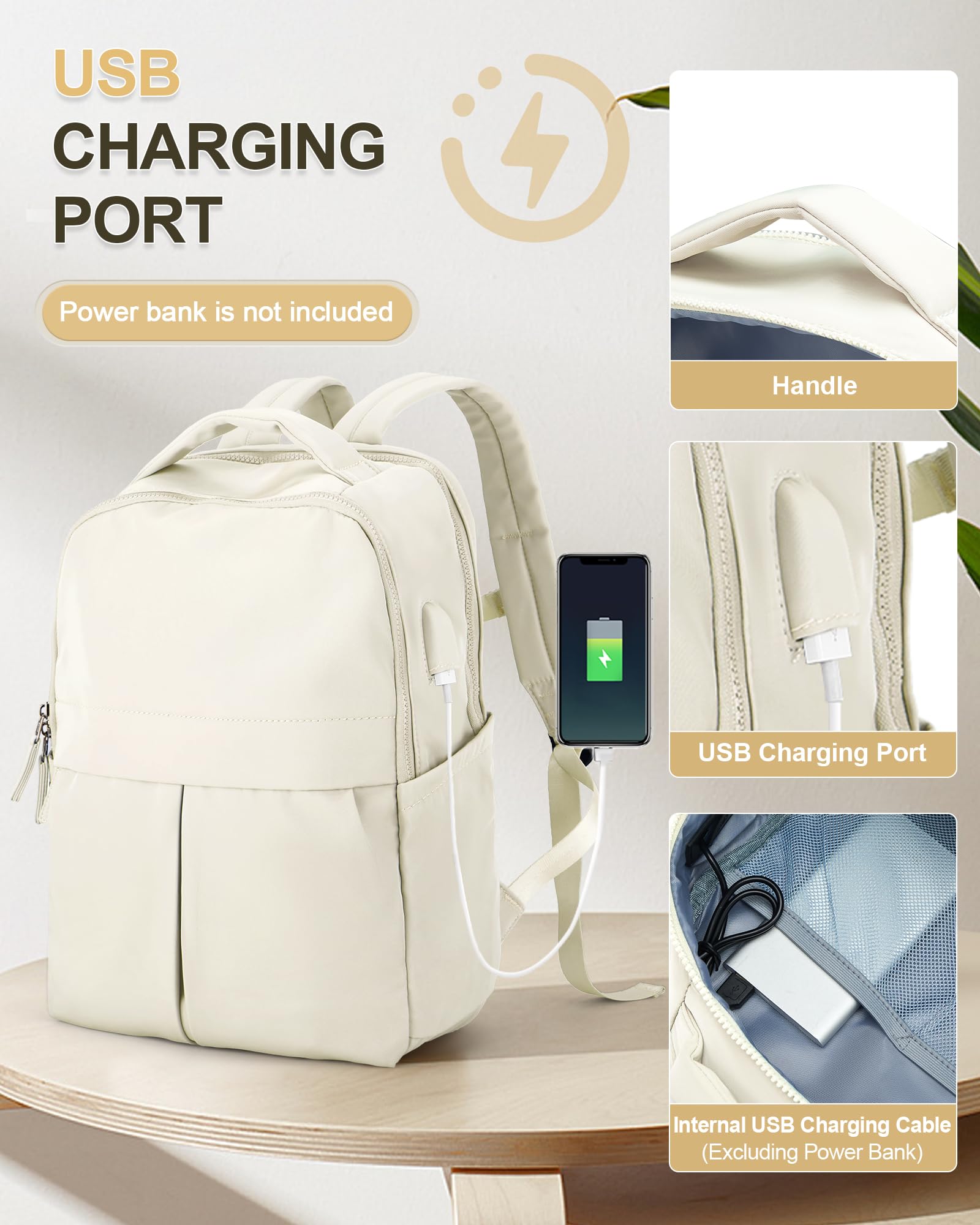 Stylish Lightweight Laptop Backpack for Women & Men - Water-Resistant 15.6 Inch Computer Backpack for Travel, Work, Gym & College - Perfect Airplane Carry-On Daypack for Professionals & Students (Beige)