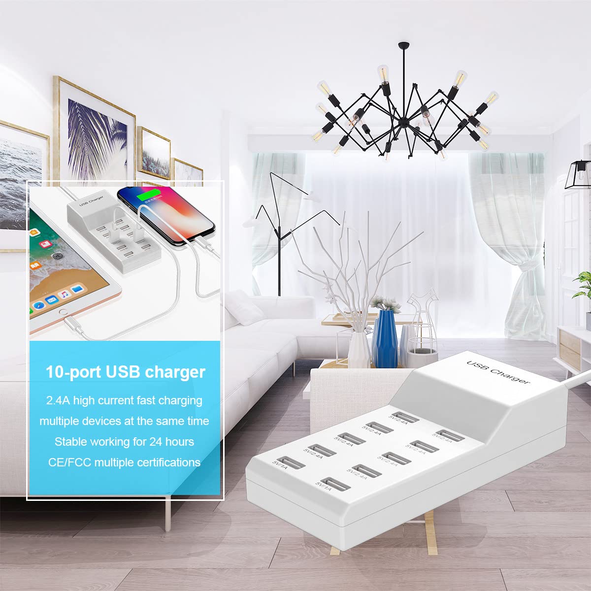 50W 10-Port USB Charging Station - Fast Wall Charger Block for iPhone, iPad, Samsung, Tablet & Multiple Devices | Compact & Safe Desktop Power Hub | Perfect for Home, Office & Travel Use