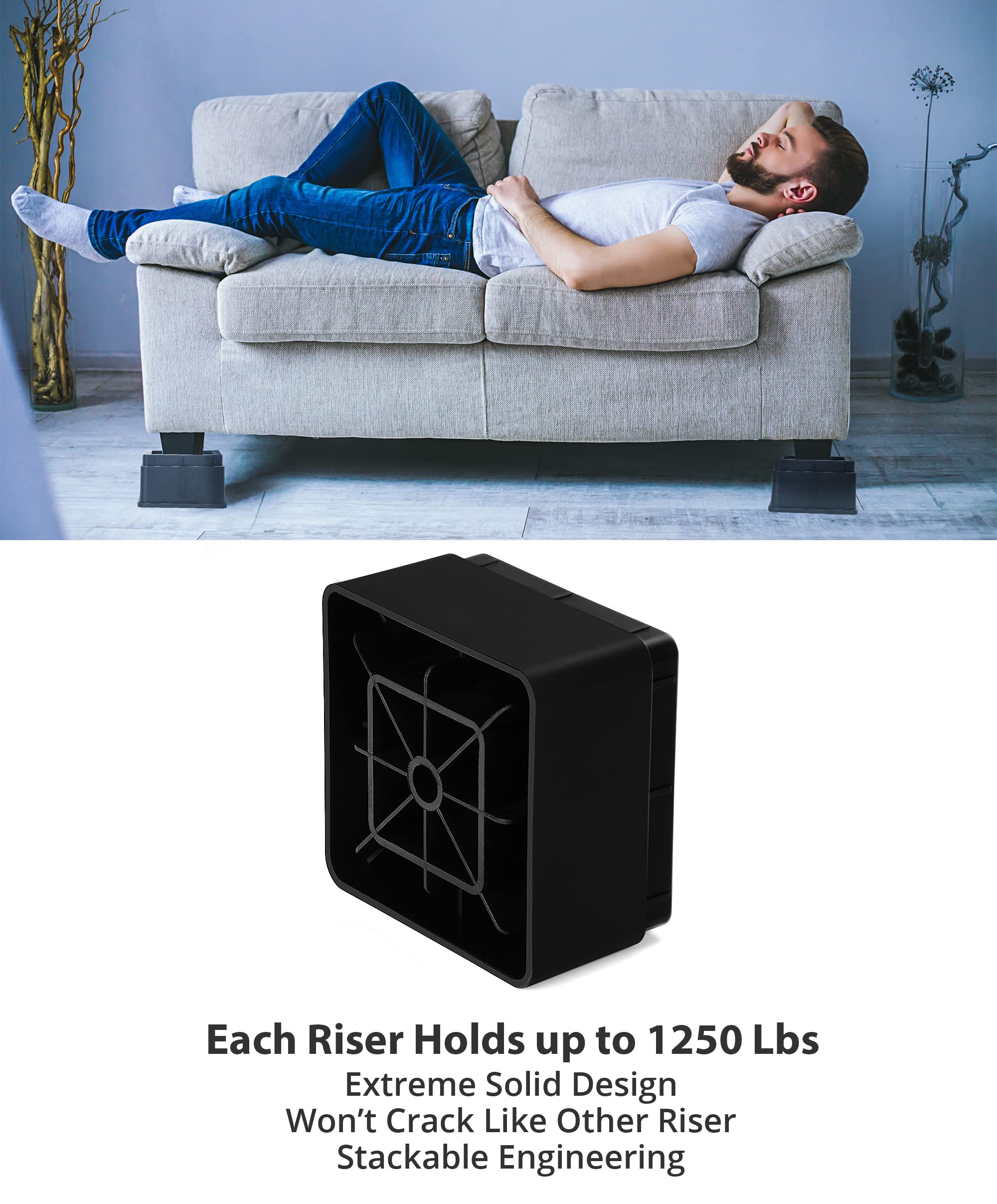 Utopia Bedding 2 Inch Bed Risers - Heavy Duty Furniture Risers with Anti-Slip Foam & Rubber Pads - Pack of 4 Stackable Bed Lifts for Sofa, Bed, Table, Couch & Chair - Perfect for Dorm Rooms, Guest Beds & Home Office (Black)