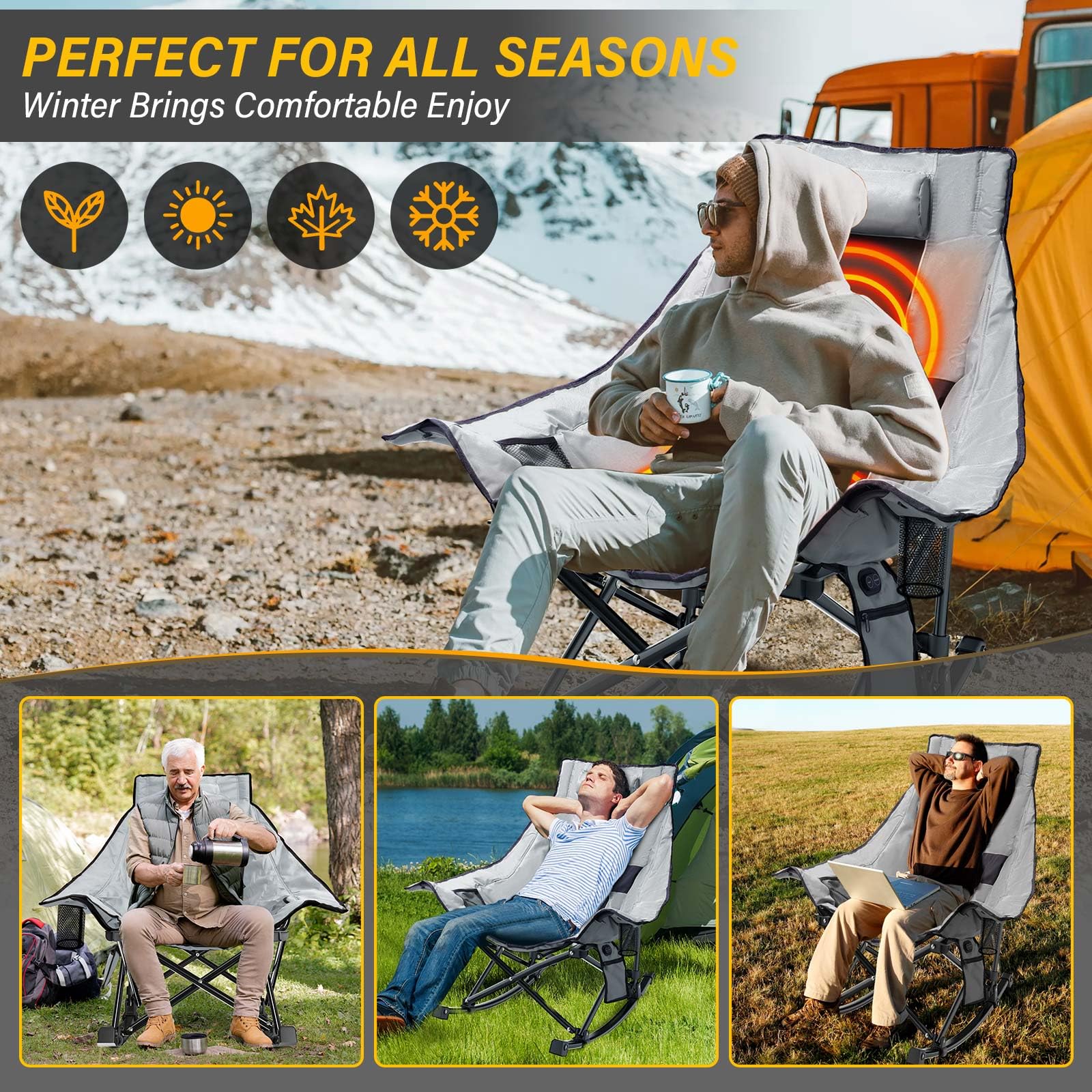 **XL Heated Camping Chair with 3-Level Adjustable Heating for Back & Seat - Portable Outdoor Folding Rocking Chair, Heavy-Duty Lawn Chair for Camping, Hunting, Fishing & Backyard Relaxation**