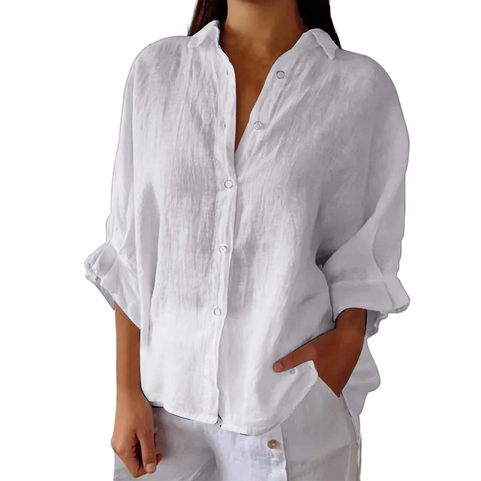 Women's Button Down V-Neck Chiffon Blouse - 3/4 Sleeve Loose Fit Linen Shirt for Work & Casual Wear | Oversized Collared Top for Office, Date Night & Summer Outfits