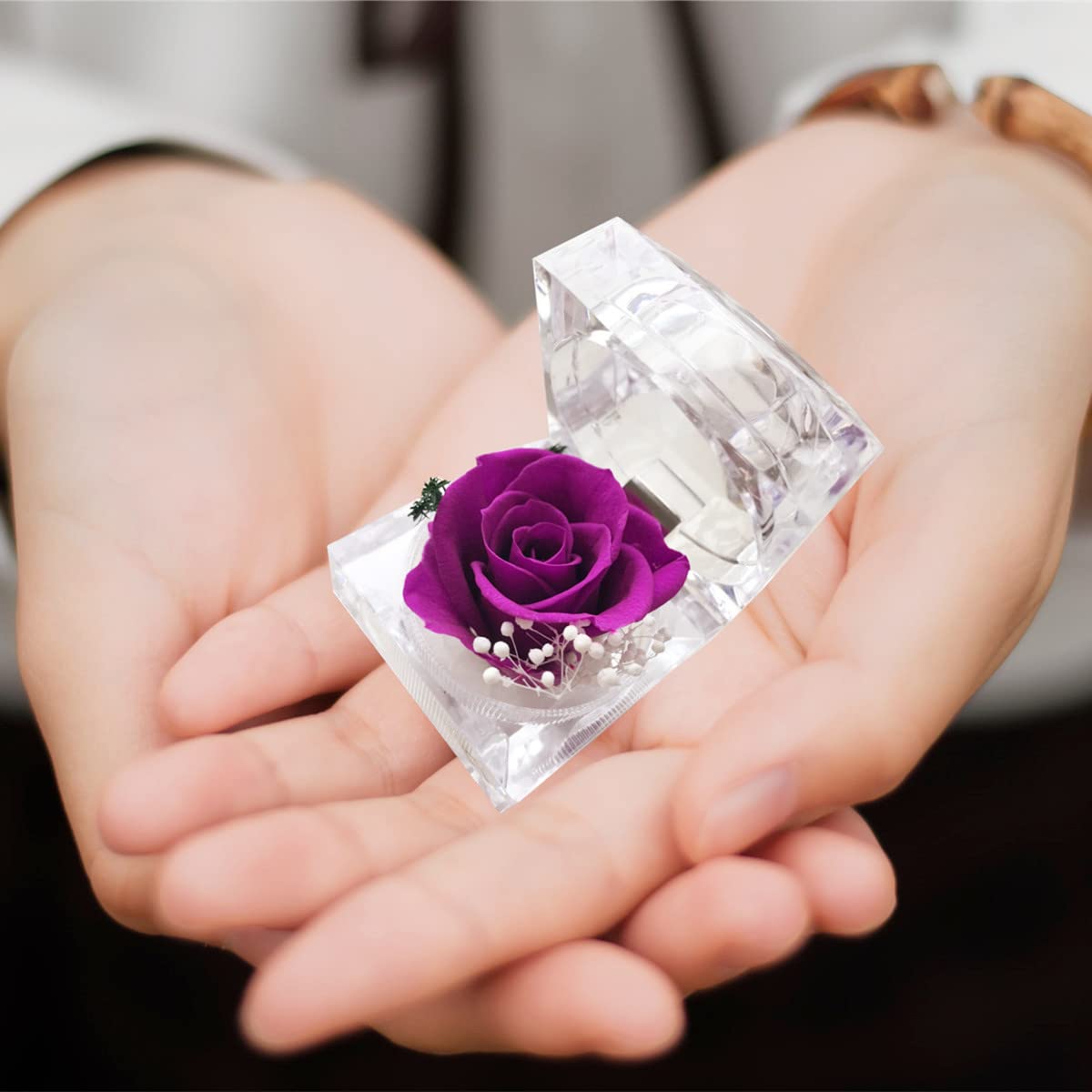 Real Preserved Rose in Mini Clear Ring Box - Eternal Flower Gift for Women, Mom, Girlfriend, Grandma | Perfect for Mother's Day, Anniversary, Valentine's, Christmas & Birthday (Purple) - Romantic Home Decor & Special Occasion Present