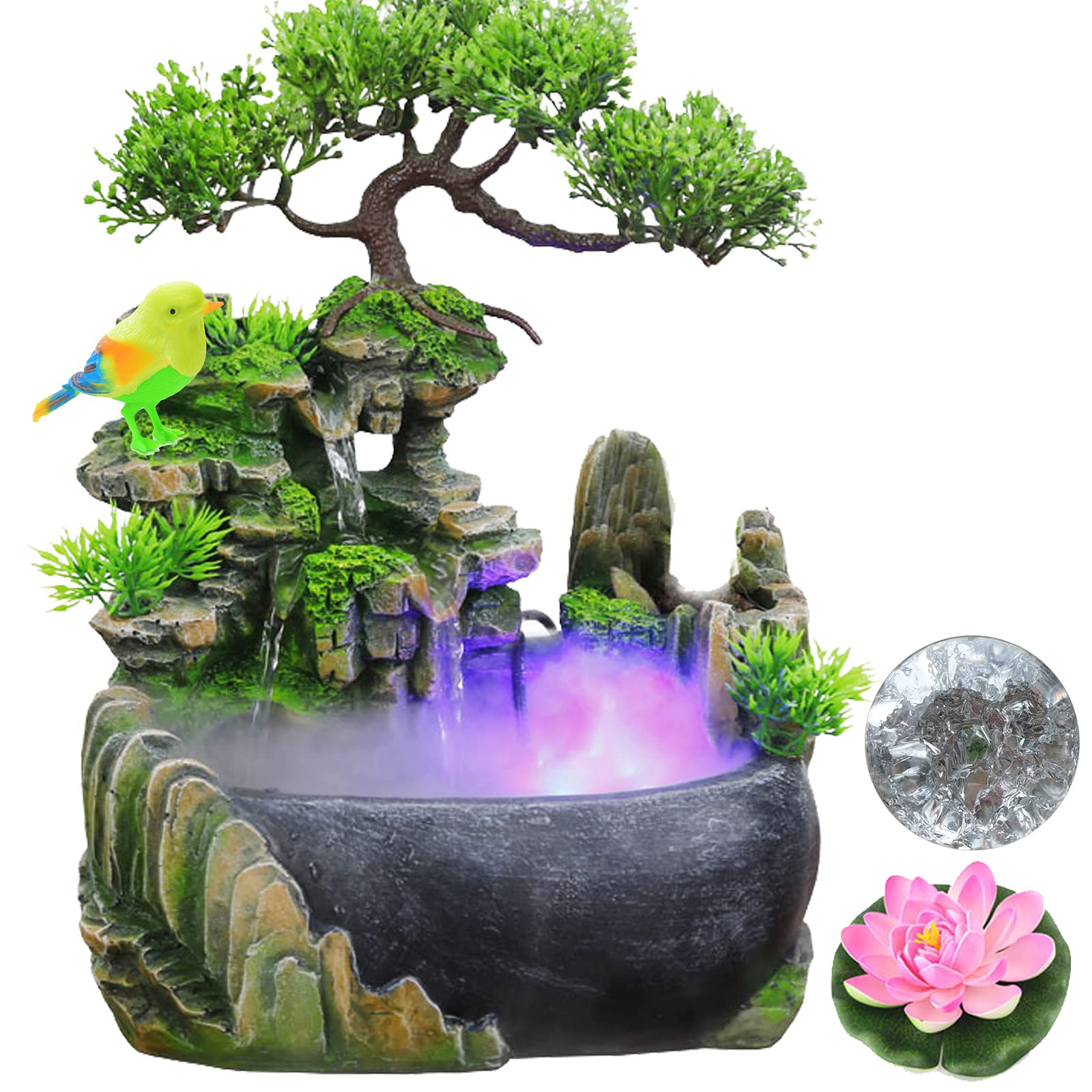 HSINYA Indoor Tabletop Water Fountain with LED Light - Zen Waterfall Decor for Meditation, Goldfish, and Feng Shui - Includes Mist Feature & Artificial Plants for Home, Office, or Yoga Studio Relaxation (Style 1)