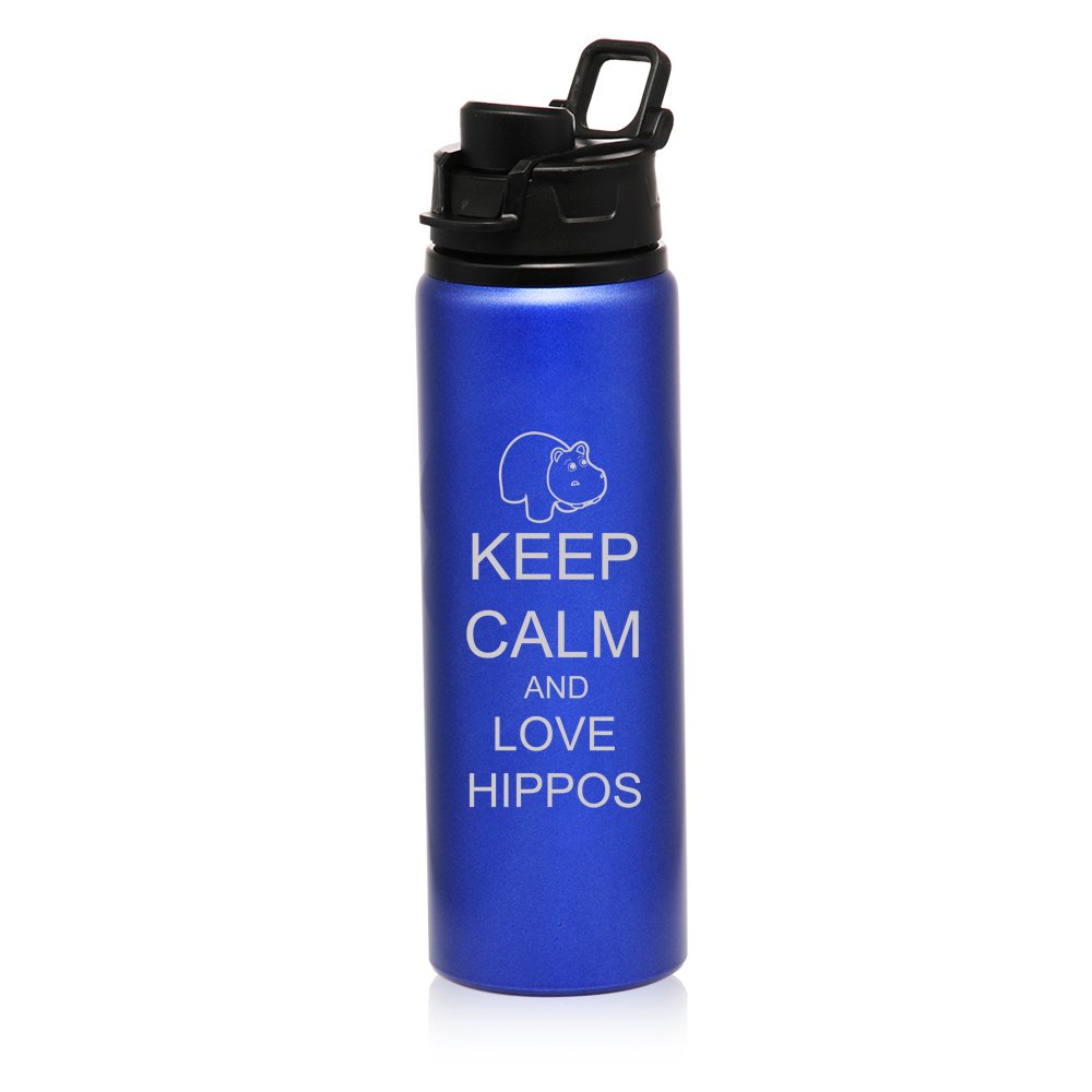 25 oz Aluminum Sports Water Bottle - Insulated Travel Bottle with Leak-Proof Lid - Keep Calm & Love Hippos Design - Perfect for Gym, Hiking, Camping & Outdoor Adventures