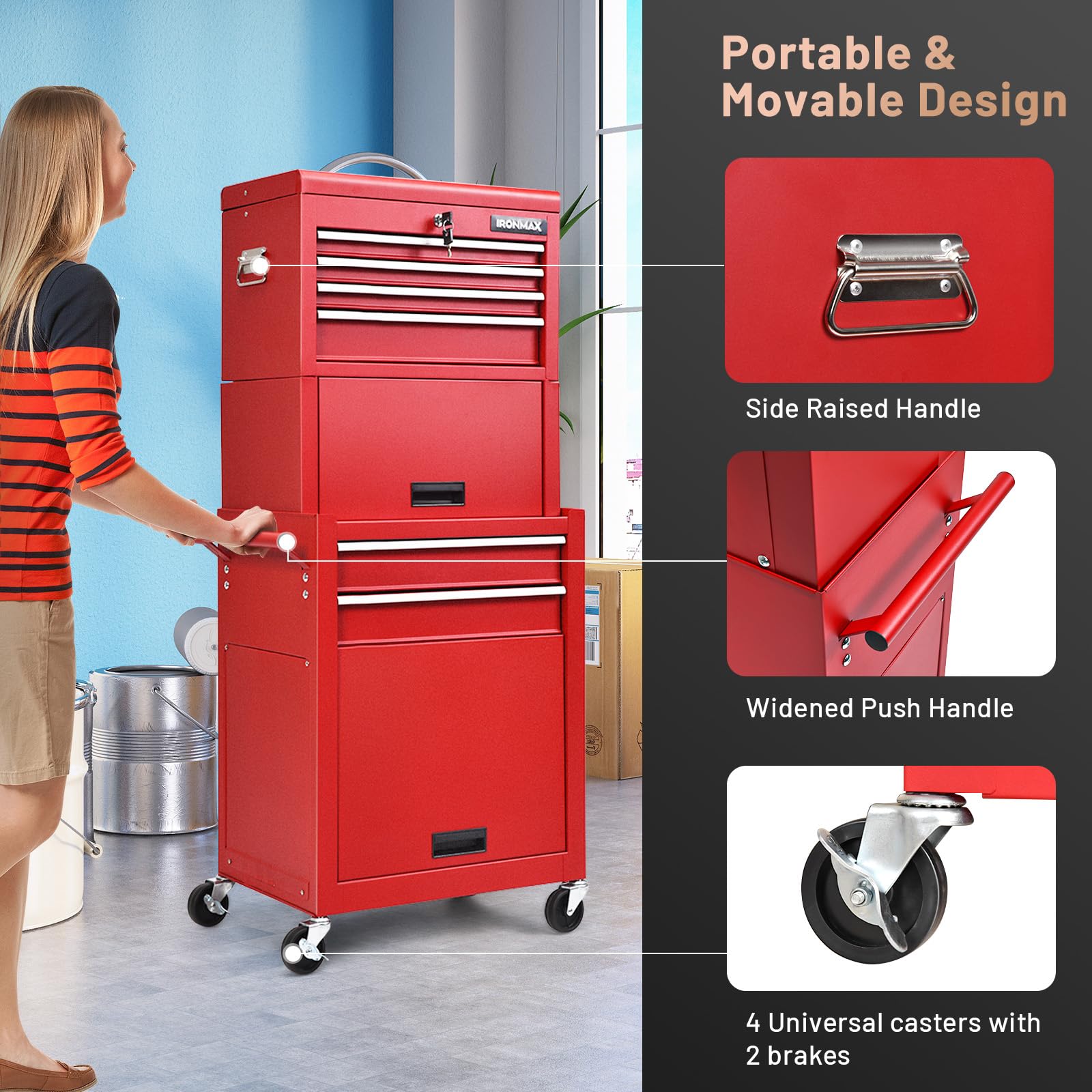 6 Drawer Rolling Tool Chest with Wheels & Lock - 3-in-1 Tool Cabinet with Sliding Drawers & Removable Top Box - Heavy Duty Garage Workshop Tool Storage for Mechanics, DIY & Home Improvement Projects