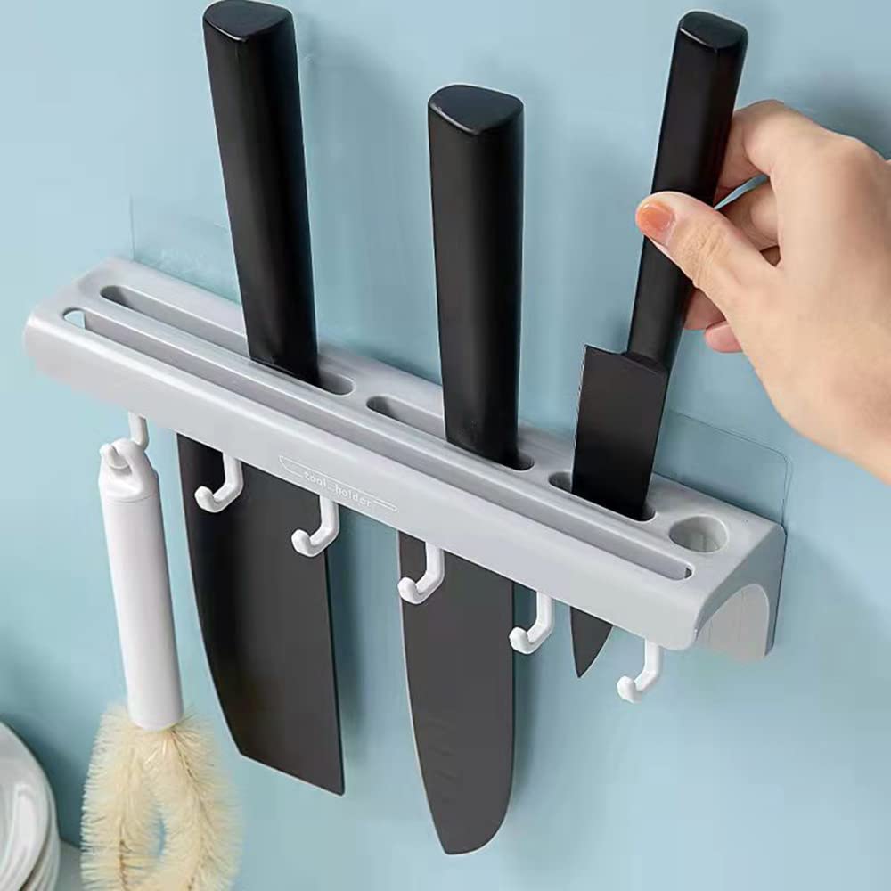 Wall Mounted Self-Adhesive Knife Holder - Space-Saving Kitchen Knife Rack with Hooks for Knives, Utensils & Spices | Perfect for Small Kitchens, RVs & Camping Use