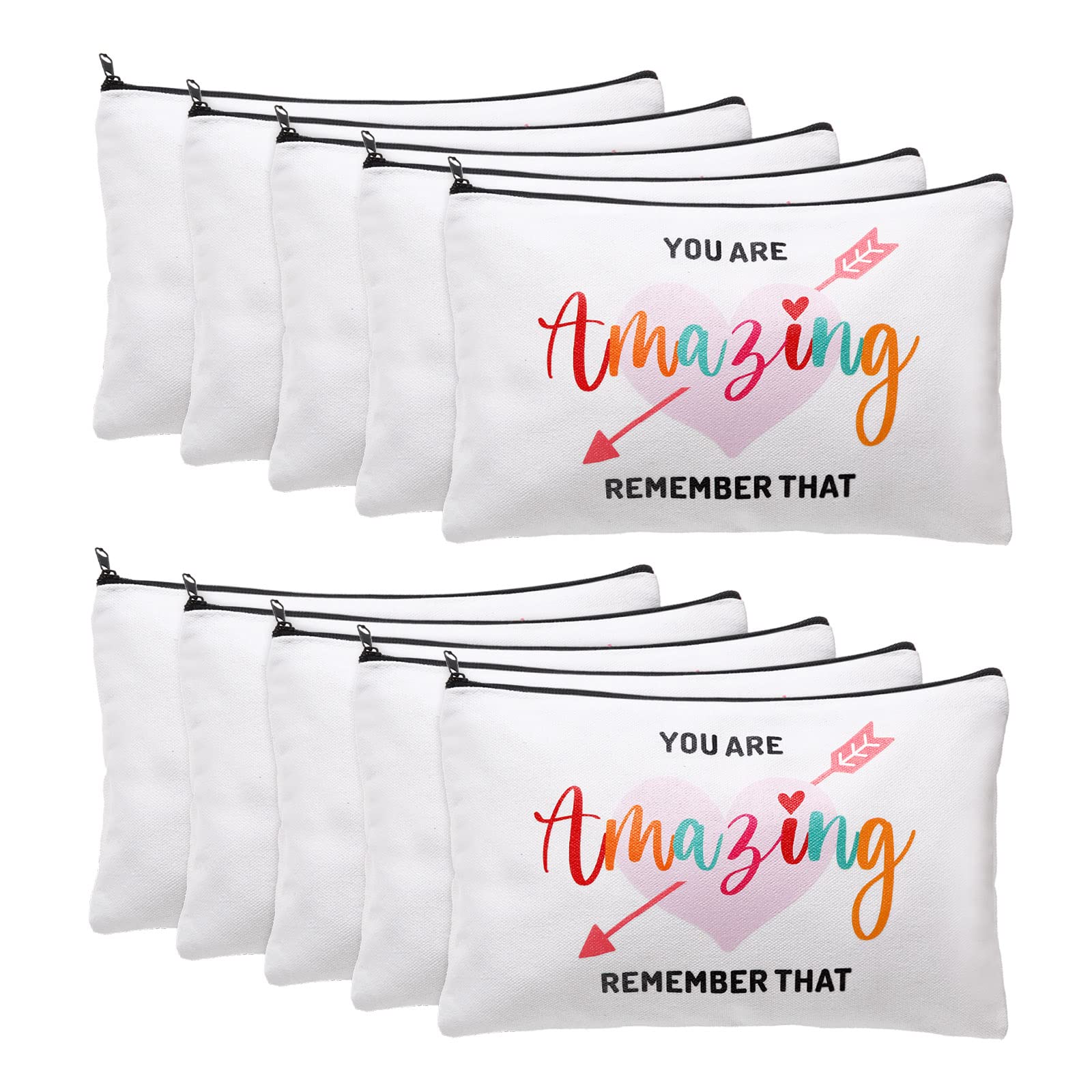 10 Pack Inspirational Canvas Makeup Bags for Women - Waterproof Cosmetic Travel Organizer with Zipper Closure, Graduation Gift & Friendship Present (Heart Design) - Perfect for Travel, Gym, School & Daily Essentials Storage