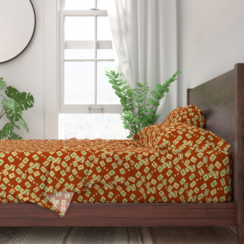 Premium 100% Cotton King Size 4-Piece Sheet Set - Mahjong Asian Chinese Japanese Art Deco Dragon Midcentury Games Print Custom Bedding | Soft & Breathable for Ultimate Comfort | Perfect for Home Decor, Guest Rooms & Themed Bedrooms