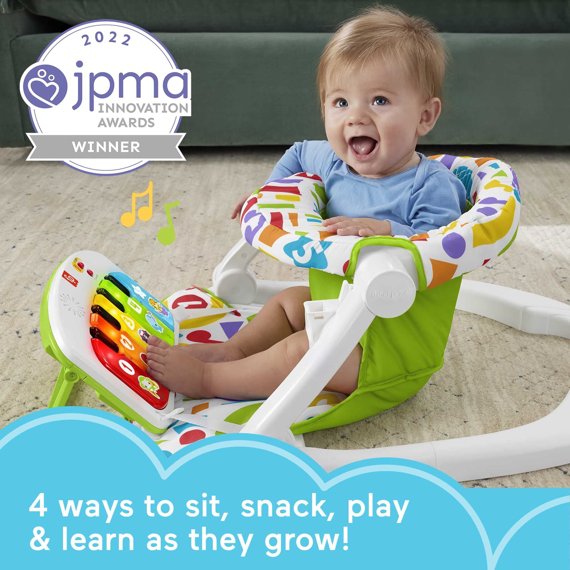 Fisher-Price Portable Baby Chair - Kick & Play Deluxe Sit-Me-Up Seat with Piano Learning Toy & Removable Snack Tray for Infants 6-12 Months | Perfect for Playtime, Learning & Feeding at Home or Travel