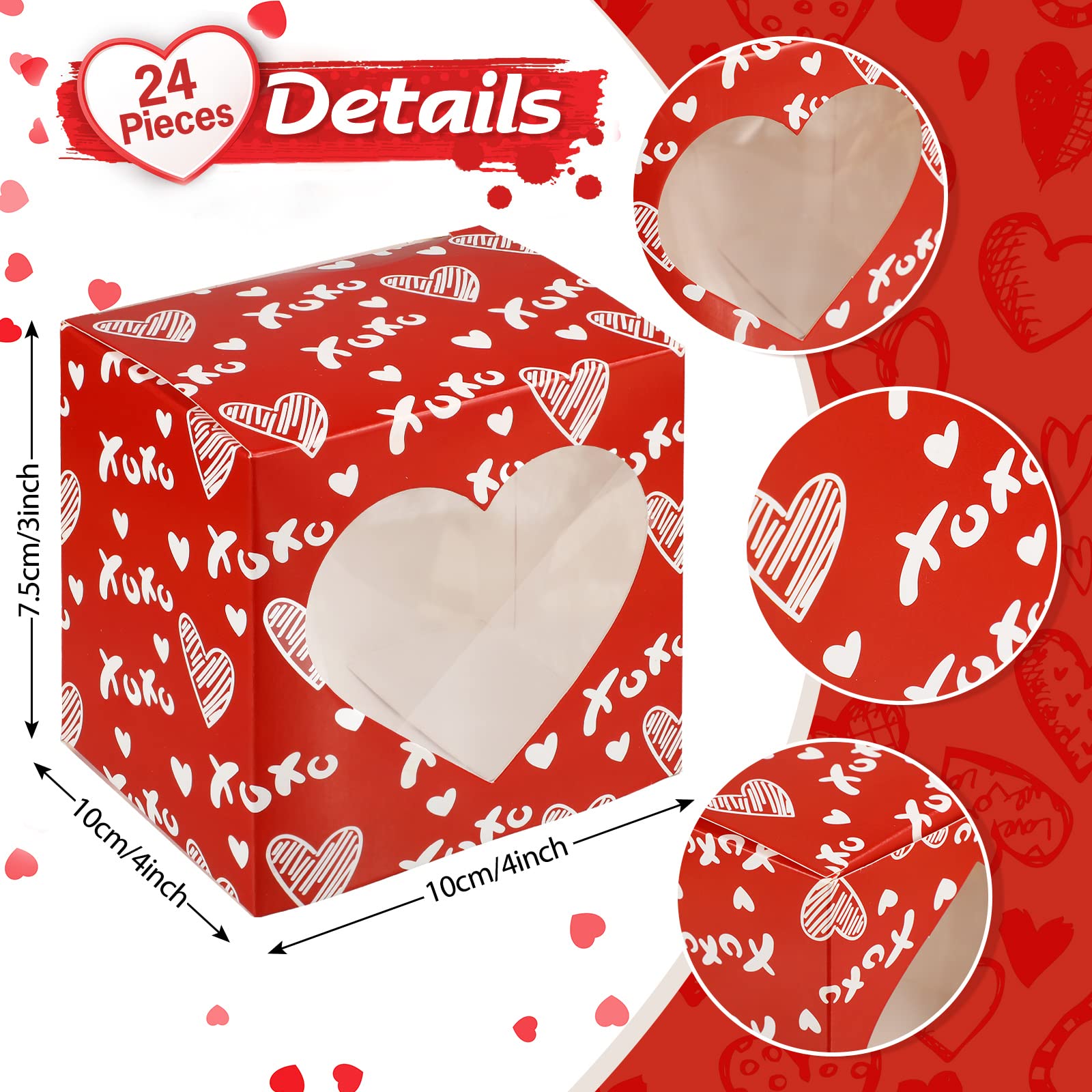 24-Pack Heart Shaped Dessert Boxes 4x4x3 Inch with Clear PVC Window - Valentine's Day Cupcake Packaging for Parties, Weddings & Gift Giving