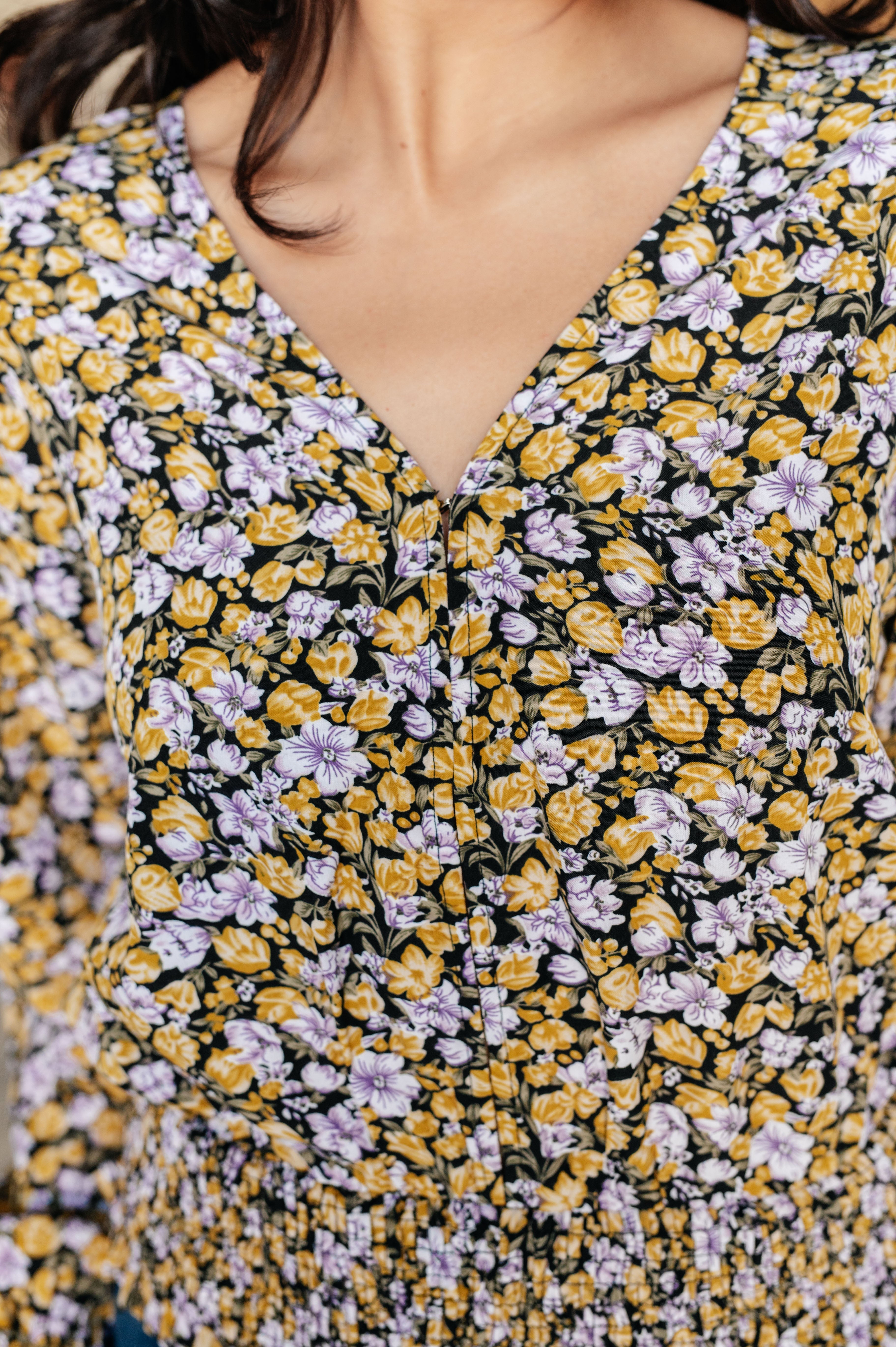 Honey Floral Smocked Blouse for Women - Elegant Black Blouse with Ruffled Sleeves & Floral Embroidery | Perfect for Spring Outfits, Date Nights & Office Wear