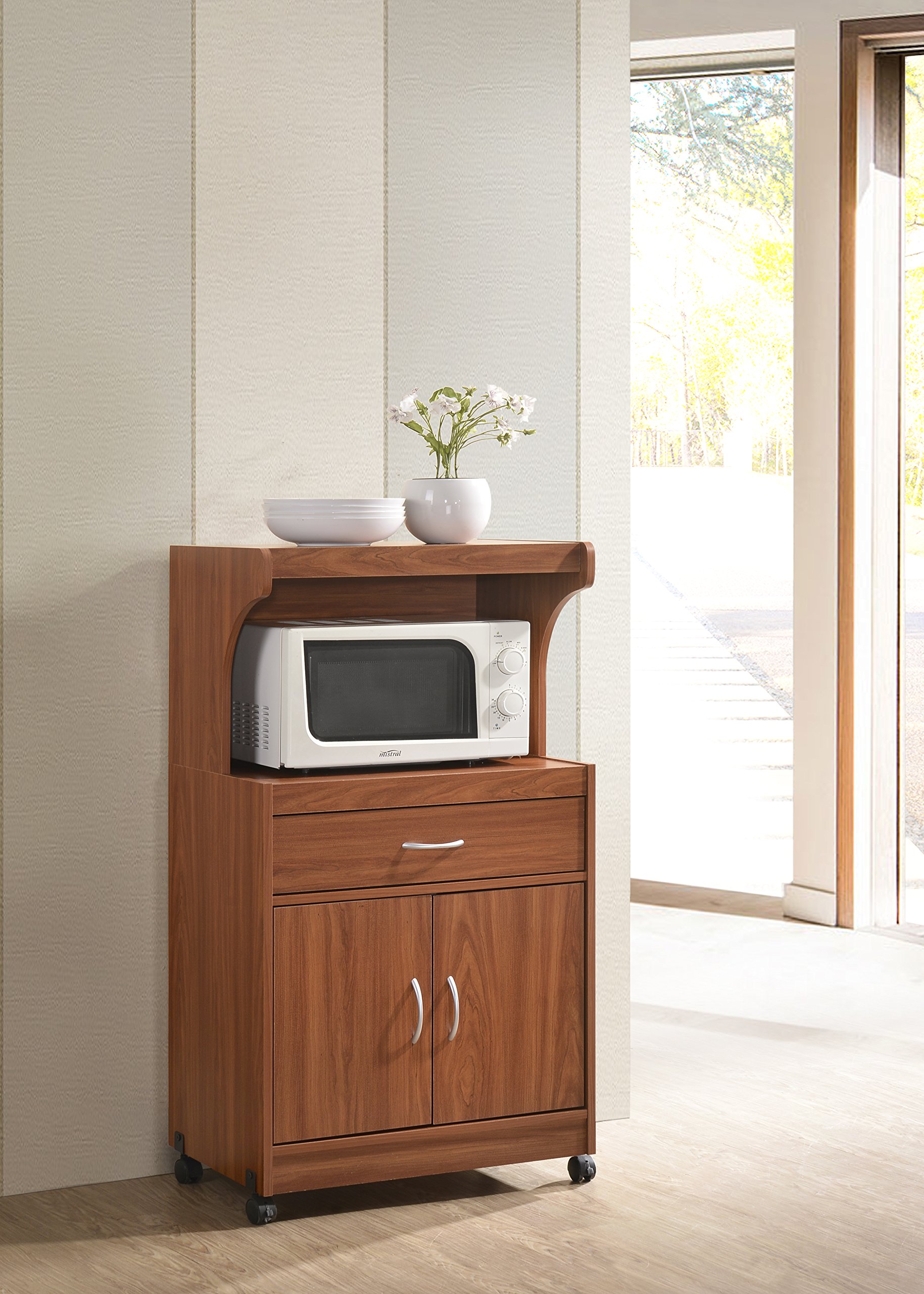 Hodedah Microwave Stand with Storage Shelf - Compact Kitchen Cart for Small Spaces, Cherry Finish - Perfect for Dorms, Apartments & Countertop Organization