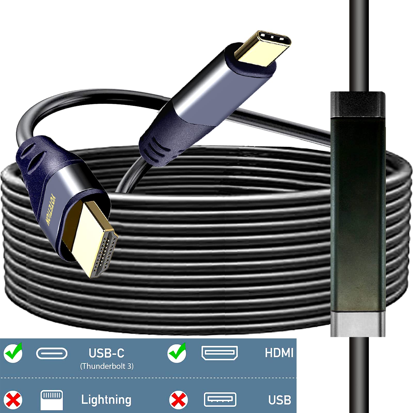 4K@60Hz USB C to HDMI Cable 30FT/10M with IC - Type C to HDMI Adapter for MacBook Pro/Air, iMac, Dell XPS, HP, Surface, iPad Pro | Compatible with Galaxy S20/S10/S9/S8, Pixelbook | Perfect for Home Theater, Office Presentations & Gaming Setup