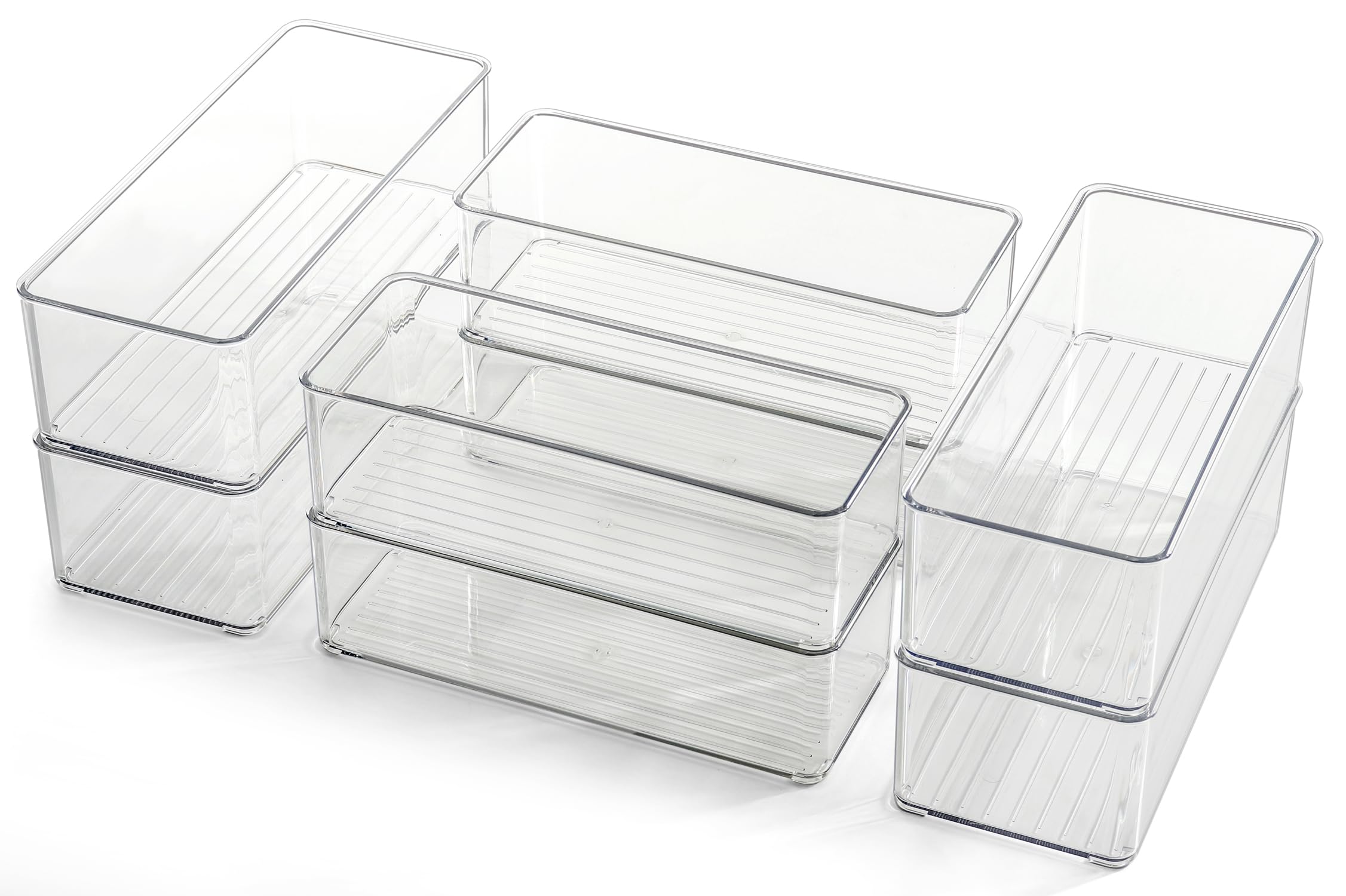 Hudgan 8-Pack Clear Plastic Drawer Organizers Set - Stackable Deep Drawer Bins for Makeup Vanity, Desk & Bathroom Storage (2 Sizes) - Perfect for Organizing Cosmetics, Office Supplies & Toiletries
