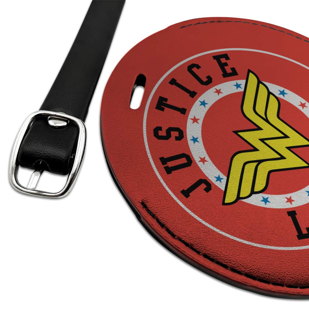 Justice League Wonder Woman Logo Round Leather Luggage Tag - Superhero Themed Travel ID Card Holder for Suitcases, Backpacks & Carry-On Bags