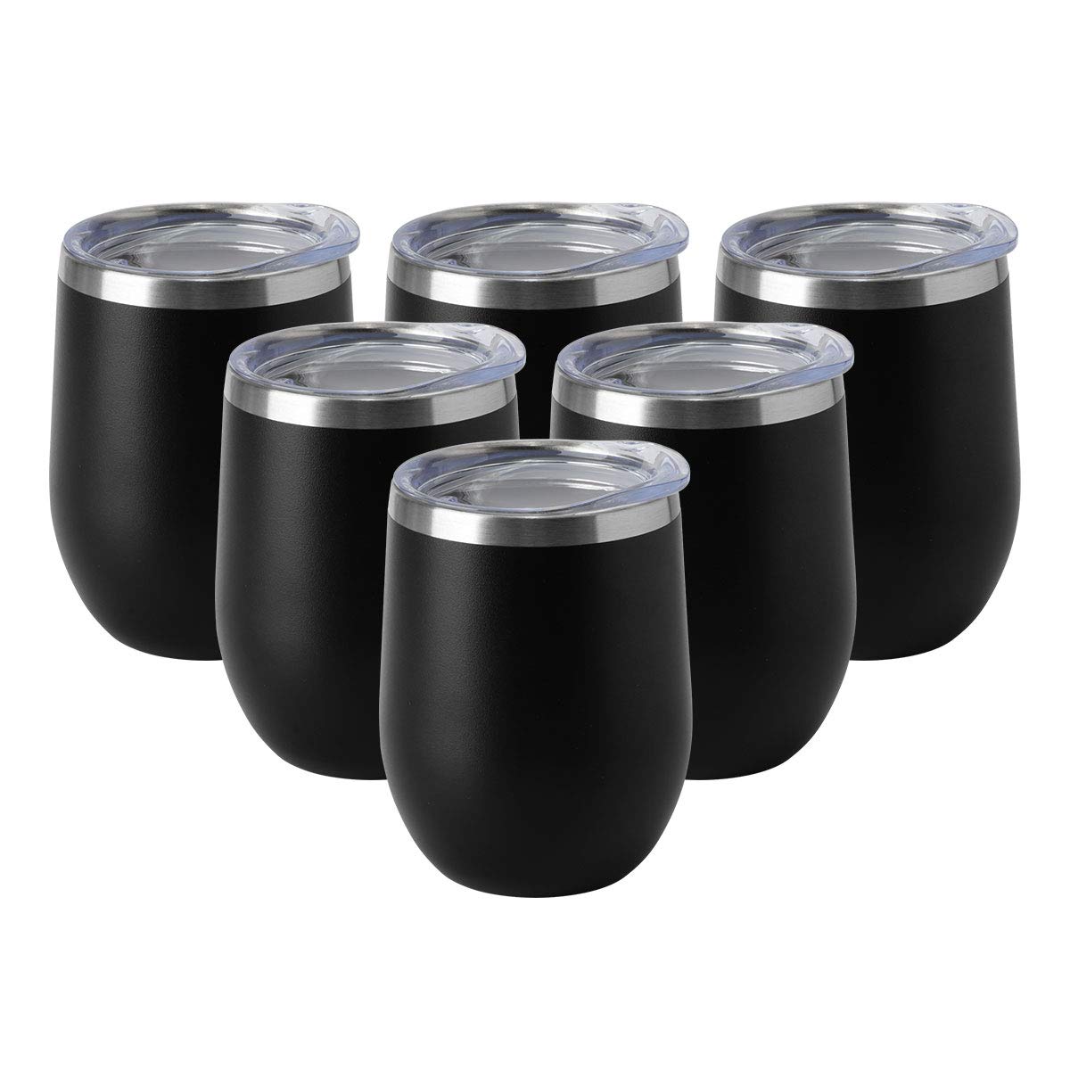 HASLE OUTFITTERS 12oz Stainless Steel Wine Tumbler with Lid - Double Wall Vacuum Insulated Stemless Wine Glass - Keeps Drinks Hot & Cold - Perfect for Coffee, Cocktails, Beer (6 Pack, Black) - Ideal for Travel, Picnics, Parties & Outdoor Activities
