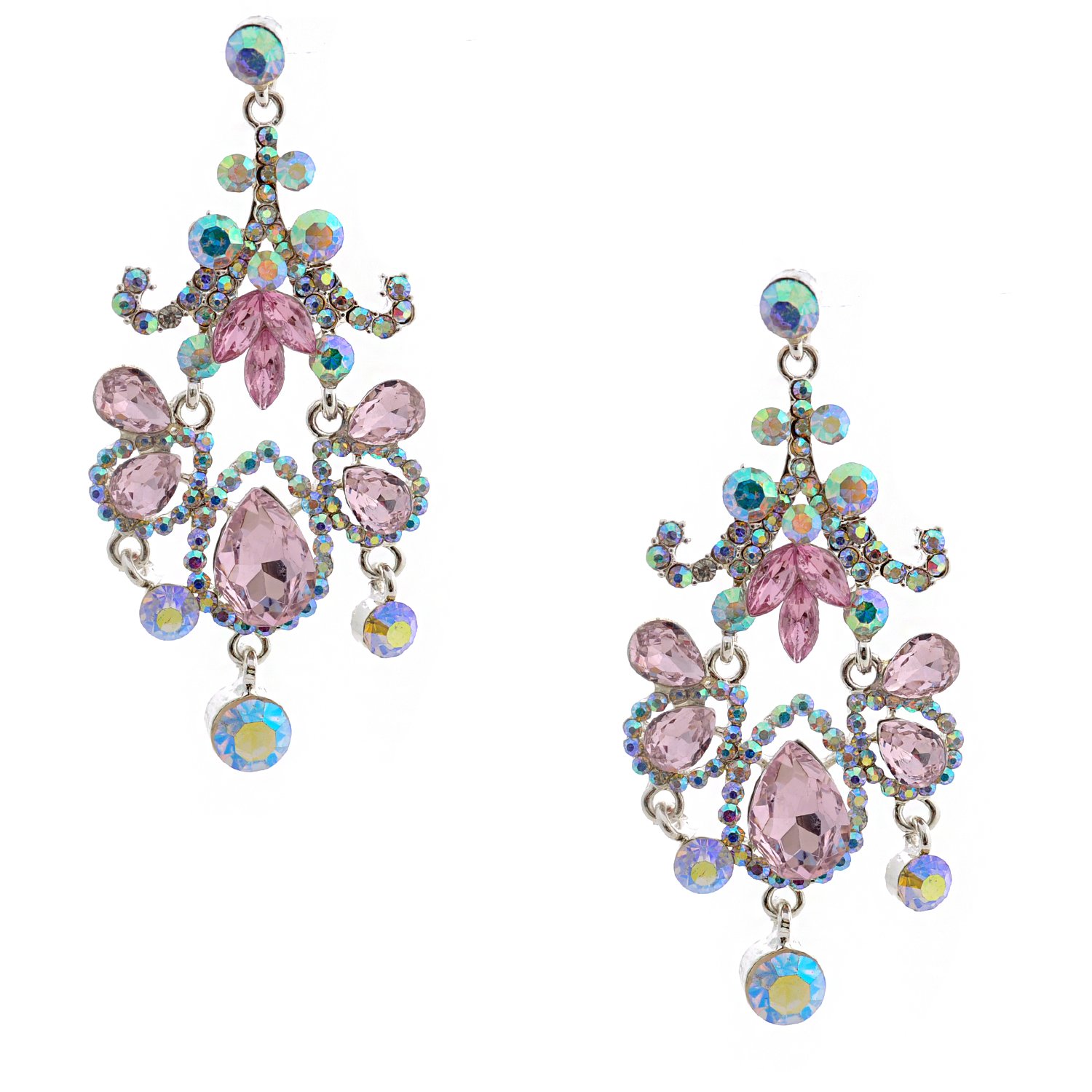 Silver Light Rose Aurora Borealis Rhinestone Chandelier Dangle Earrings for Women - Elegant Party Jewelry & Evening Wear Accessories