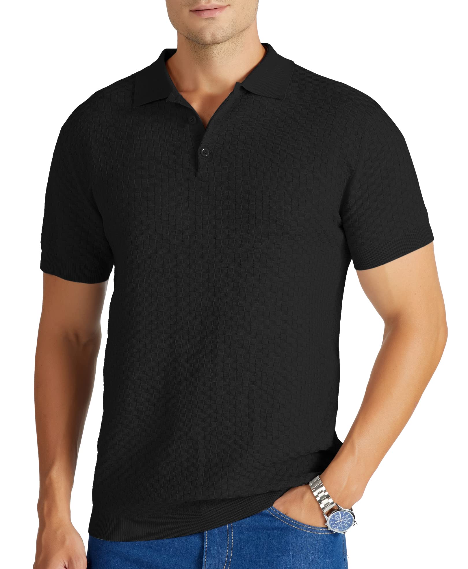 V VALANCH Men's Vintage Knit Polo Shirt Short Sleeve Casual Golf Pullover Sweater - Summer Breathable Comfort for Golf, Office & Outdoor Activities