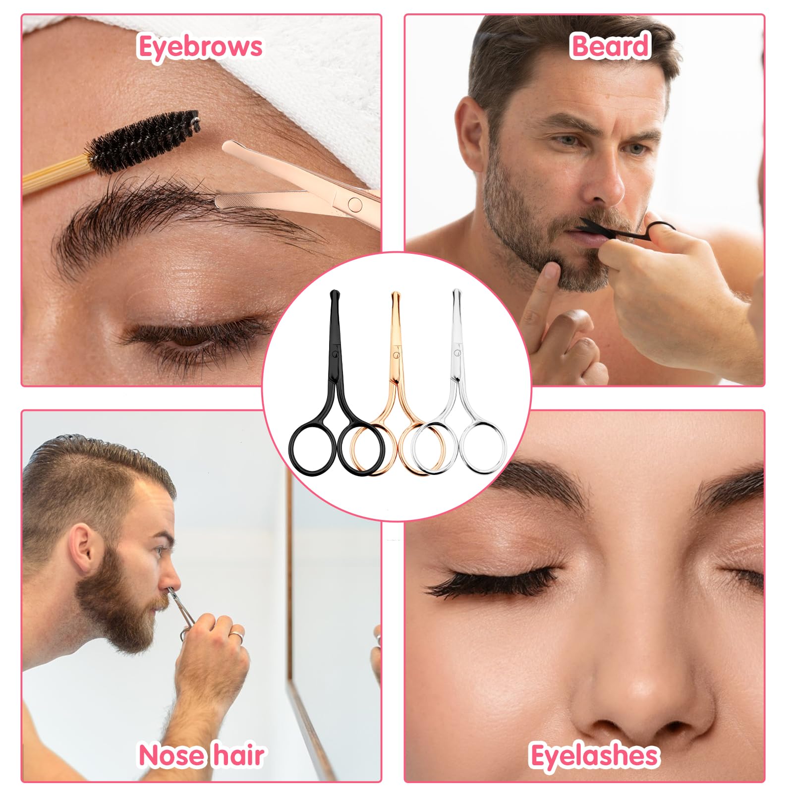 Professional Stainless Steel Eyebrow Scissors for Men - 3-Piece Set with Round Tip Design for Safe Grooming, Nose Hair & Facial Hair Trimming - Perfect for Home, Salon & Travel Use