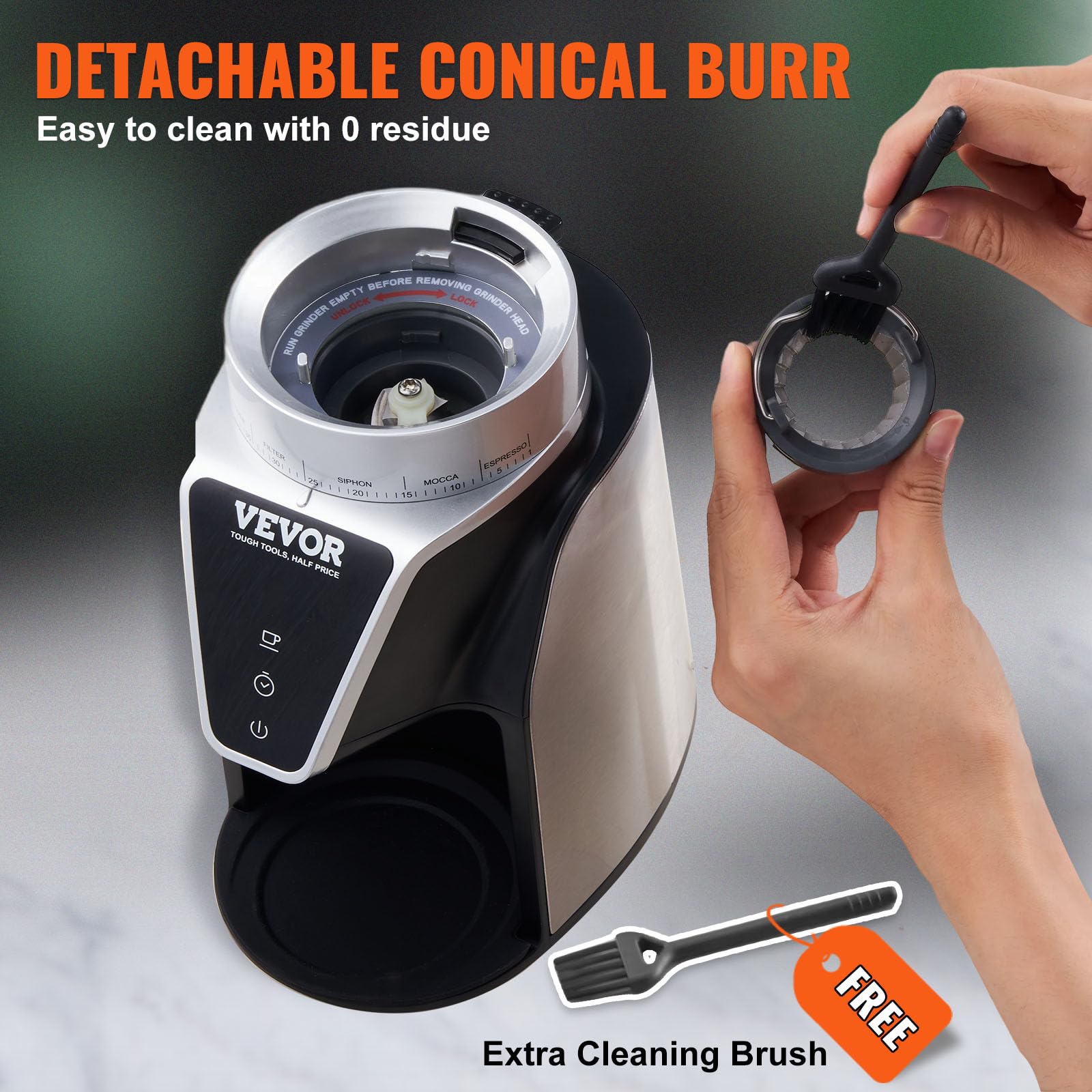 VEVOR Electric Conical Burr Coffee Grinder - Adjustable 51 Precise Grind Settings, 9.7-Oz 13-Cup Capacity for Fresh Beans - Perfect for Espresso, French Press, Drip, Mocha & Hand Brew - Ideal for Home Baristas & Coffee Enthusiasts (Silver)