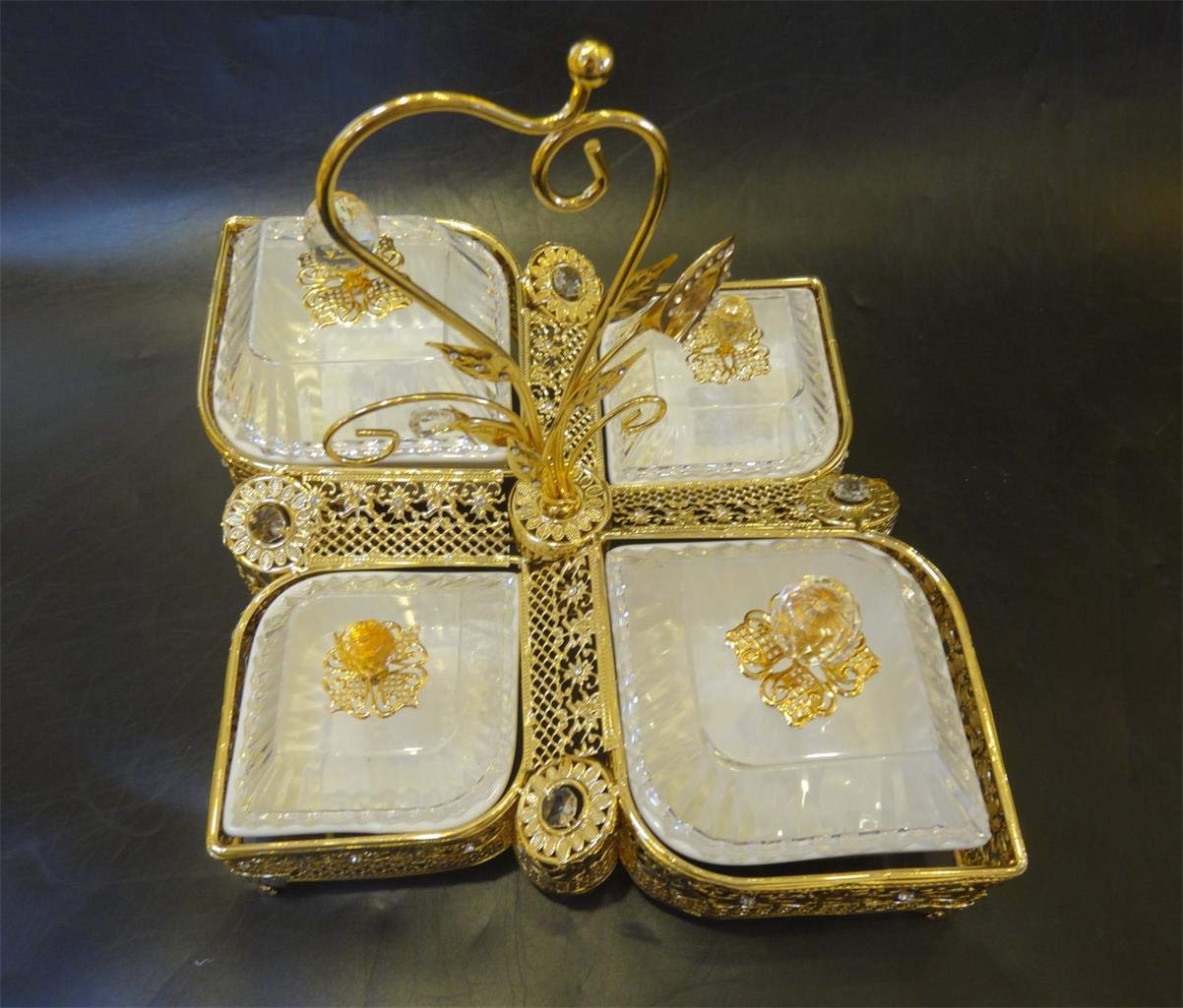 WORLD GIFTS Elegant Filigree Gold Frame Sectional Serving Tray with 4 Removable Ceramic Dip Bowls - Perfect for Desserts, Snacks, Cheese Platters & Entertaining | Jeweled Accents for Parties, Weddings & Home Decor