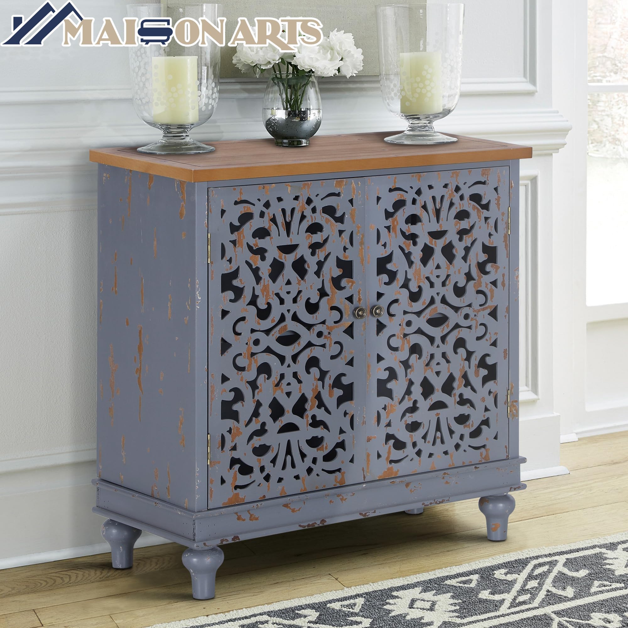 MAISON ARTS Distressed Grey Farmhouse Accent Cabinet with Hollow Carved Doors - Rustic Storage Cabinet for Entryway, Living Room & Bedroom Decor | Perfect for Home Organization & Farmhouse Style Decorating