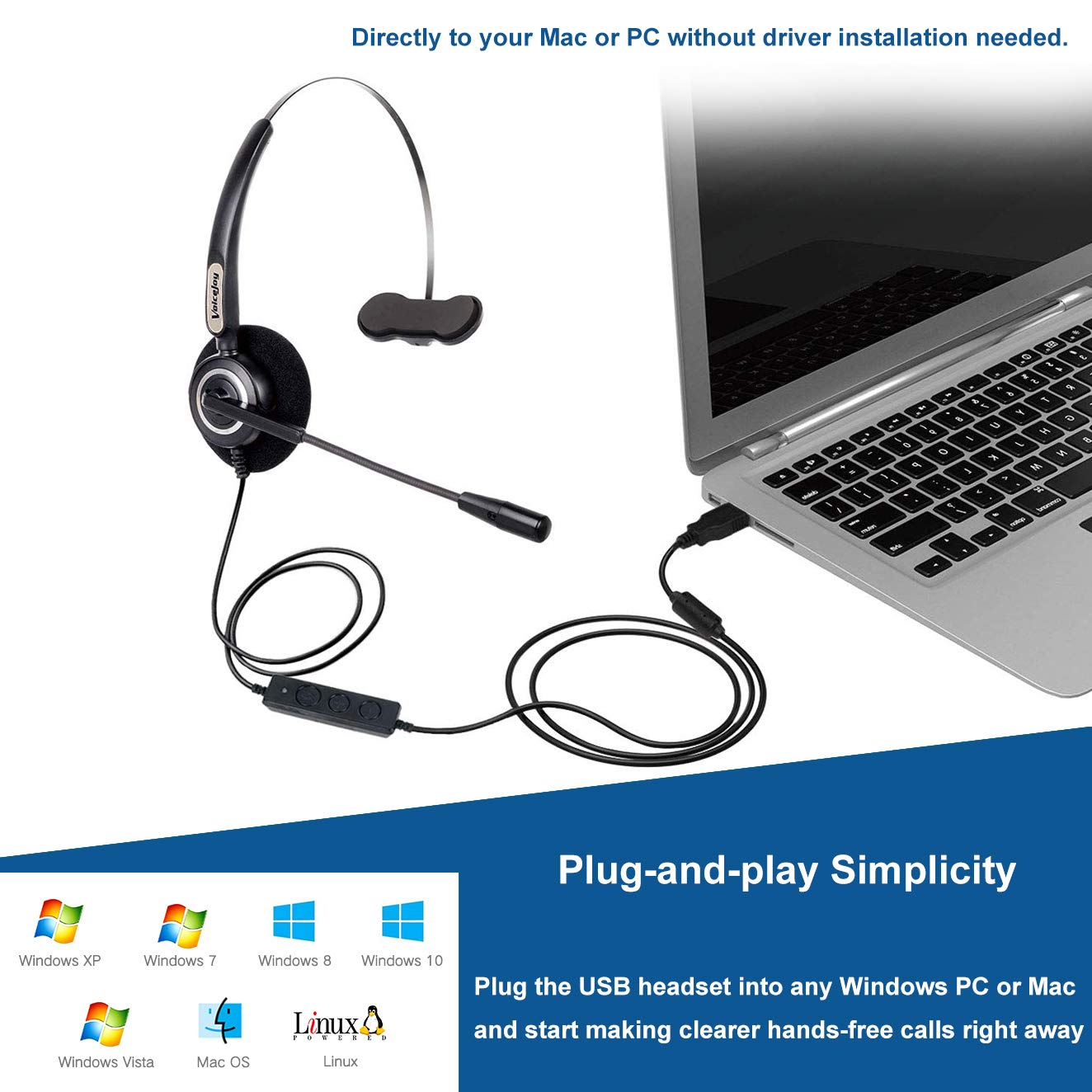VoiceJoy USB Office Headset with Noise Cancelling Microphone - Business Headphones with Volume Control & Mute Switch for PC, Laptop, Computer - Perfect for Remote Work, Call Centers & Online Meetings
