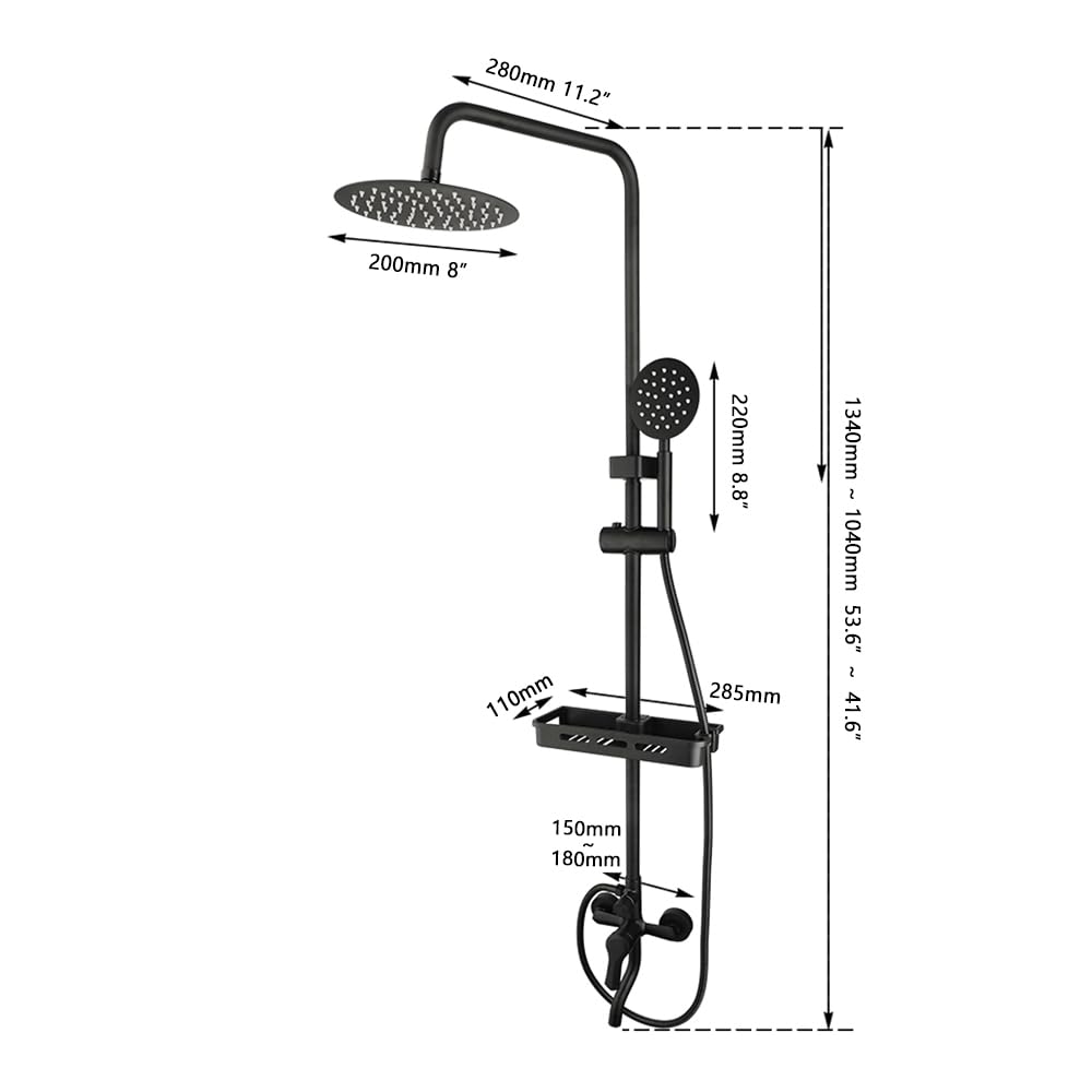 KECTIAKL Matte Black Outdoor Shower System - 8 Inch Rainfall Shower Head with 3 Spray Modes, Wall Mounted Bathroom Shower Fixtures Set Including Shower Caddy - Perfect for Backyard, Poolside, and RV Use