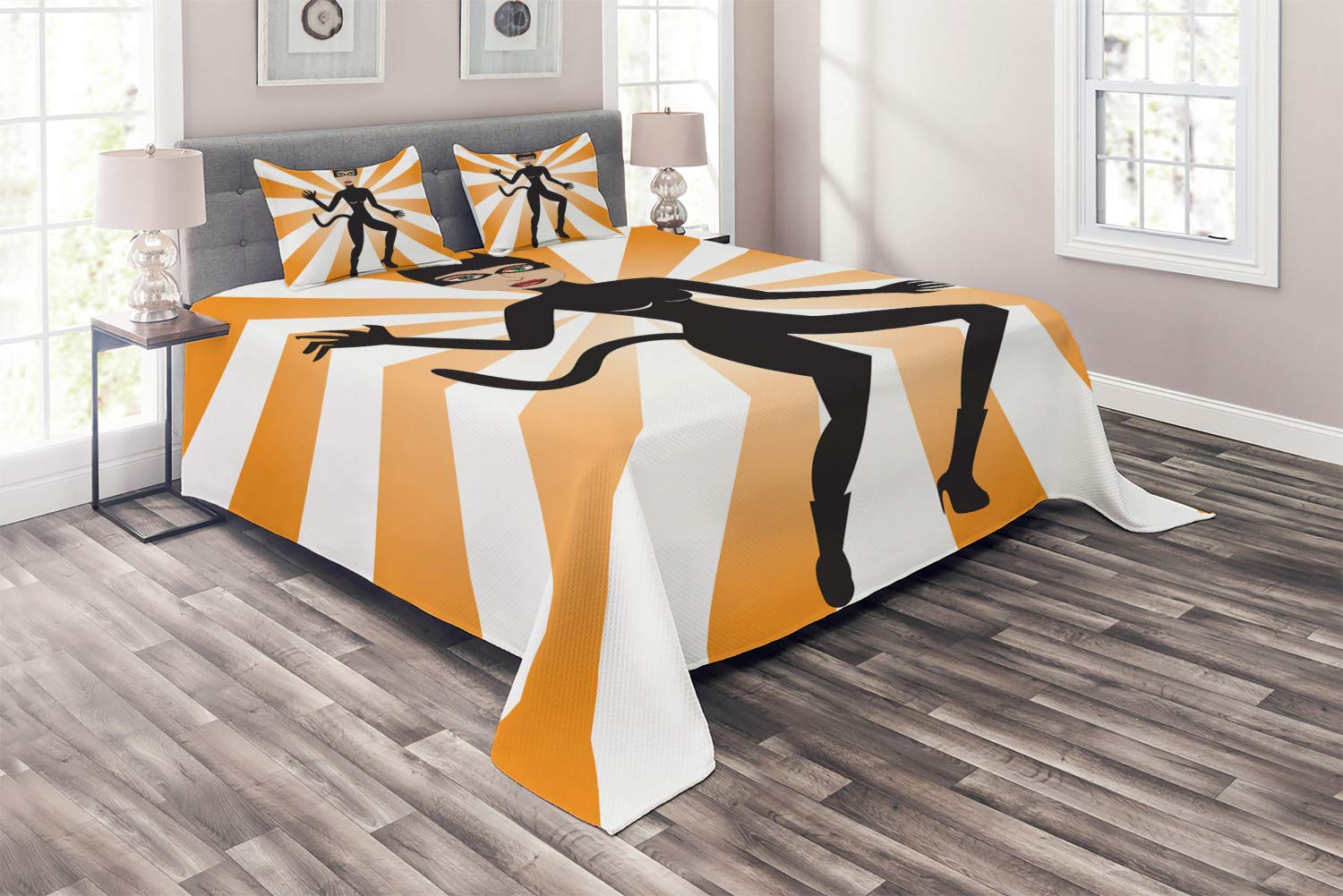Ambesonne Retro 3-Piece Quilted Bedspread Set - King Size Cat Woman Halloween Themed Coverlet with Starburst Design & 2 Pillow Shams in Pale Orange, Ecru, Laurel Green & Charcoal Grey | Perfect for Halloween Decor, Themed Bedrooms & Cozy Fall Nights