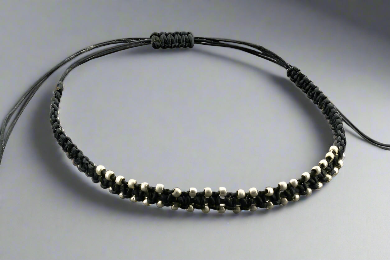 Black Thread and Silver Bead Bracelet for Women - Stylish Boho Handmade Jewelry for Everyday Wear & Gifts