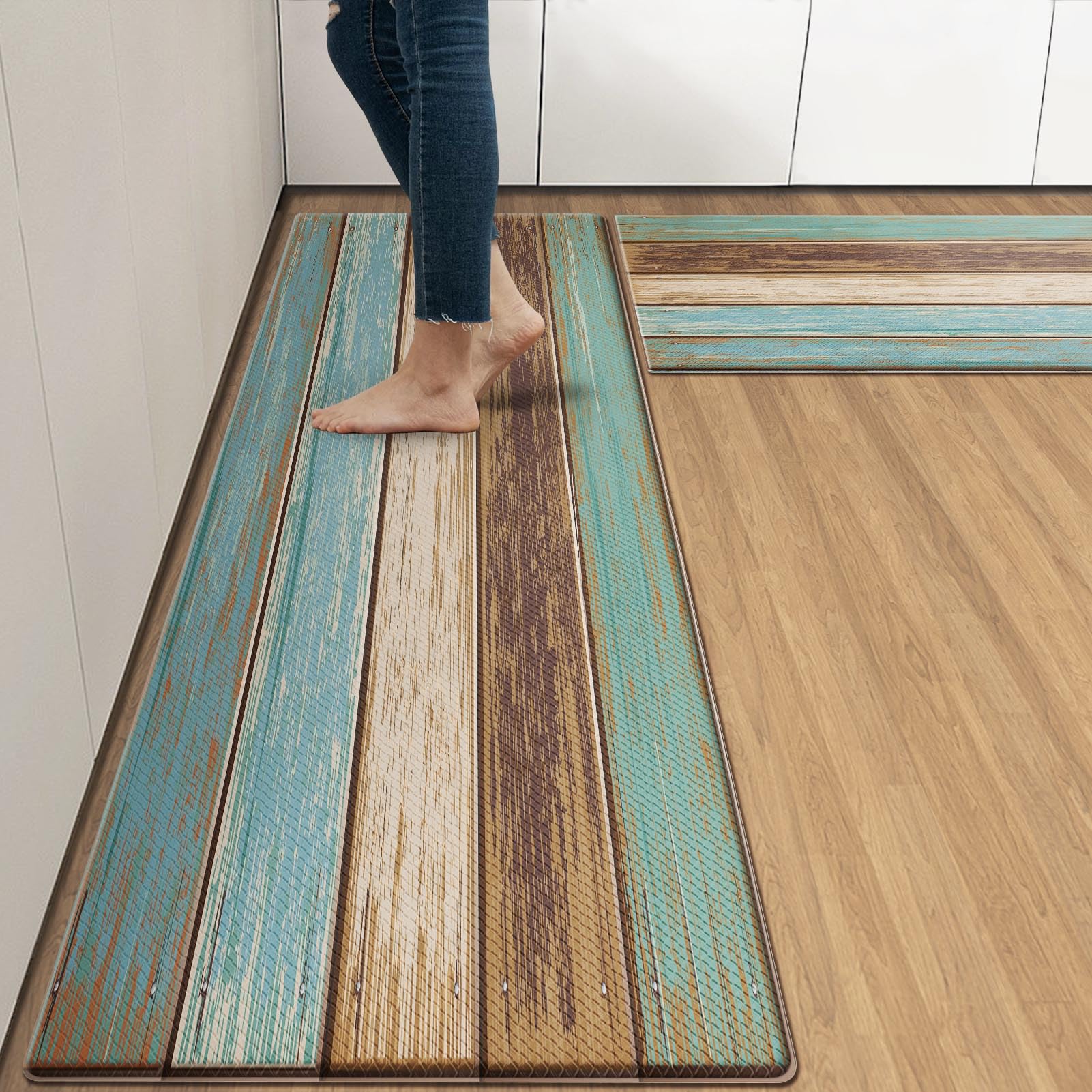Anti-Fatigue Kitchen Rug Set of 2 - Cushioned Teal & Brown Floor Mats for Standing Comfort, Waterproof Non-Slip PVC Foam - Perfect for Kitchen, Office, or Laundry Room