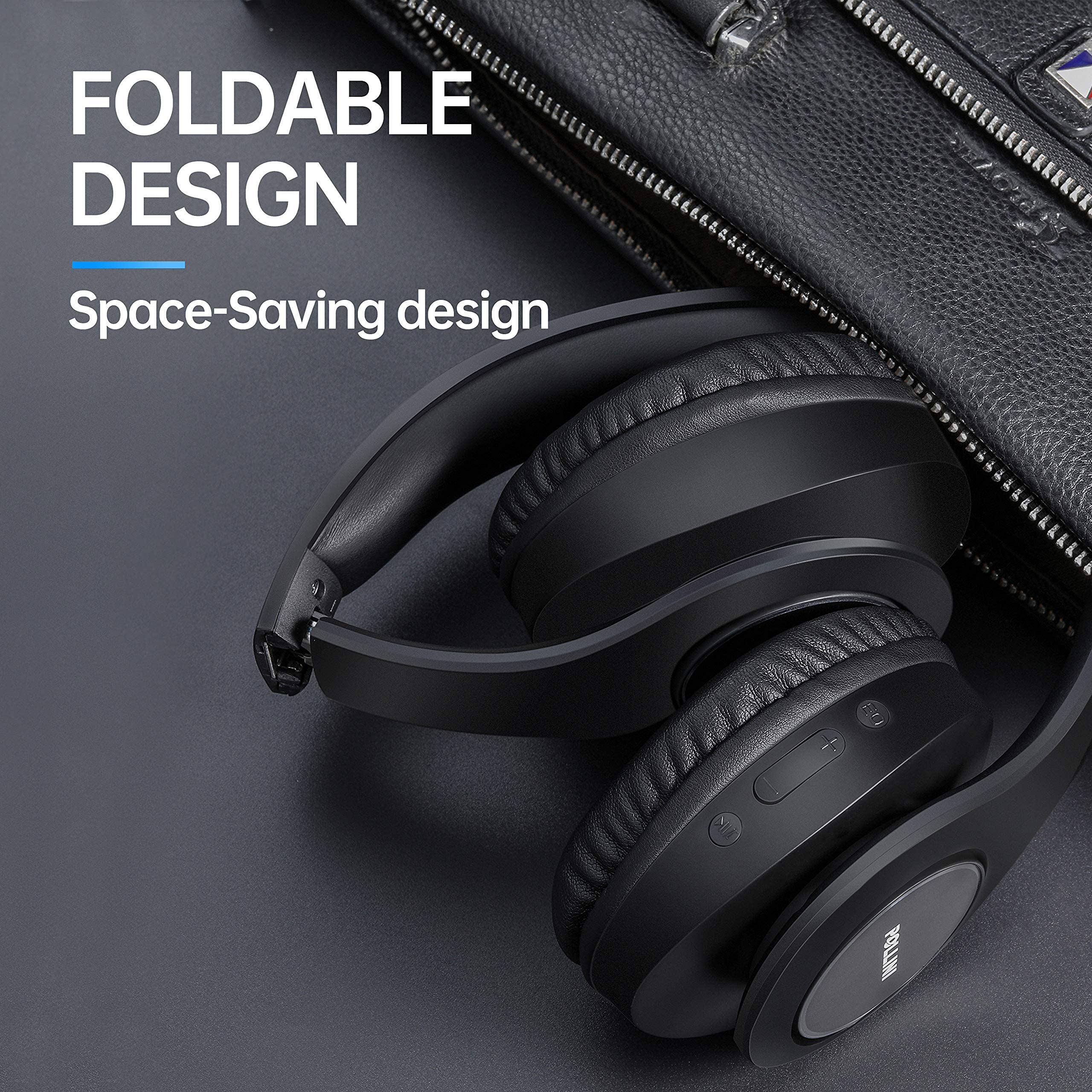 Pollini Bluetooth Headphones Wireless - 40H Playtime Over Ear Headphones with Mic, Deep Bass Stereo & Memory-Protein Earmuffs for Phone/PC/TV/Gaming/Travel - Foldable Design (Black)