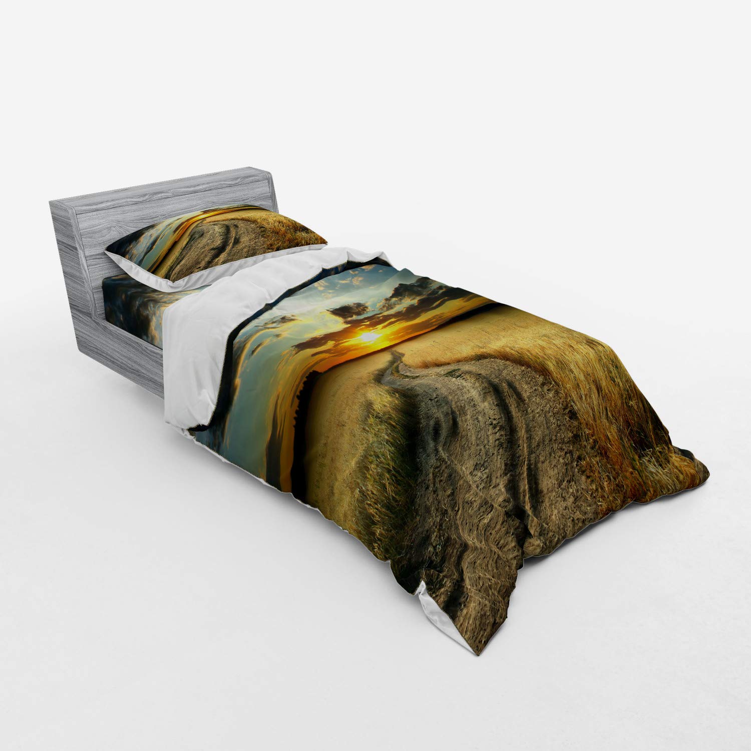 Ambesonne Nature Duvet Cover Set - Twin Size 3-Piece Bedding with Sham & Fitted Sheet, Yellow Wheat Field Road Landscape Under Sunset Sky | Farmhouse & Boho Chic Home Decor for Bedroom, Guest Room, Dorm