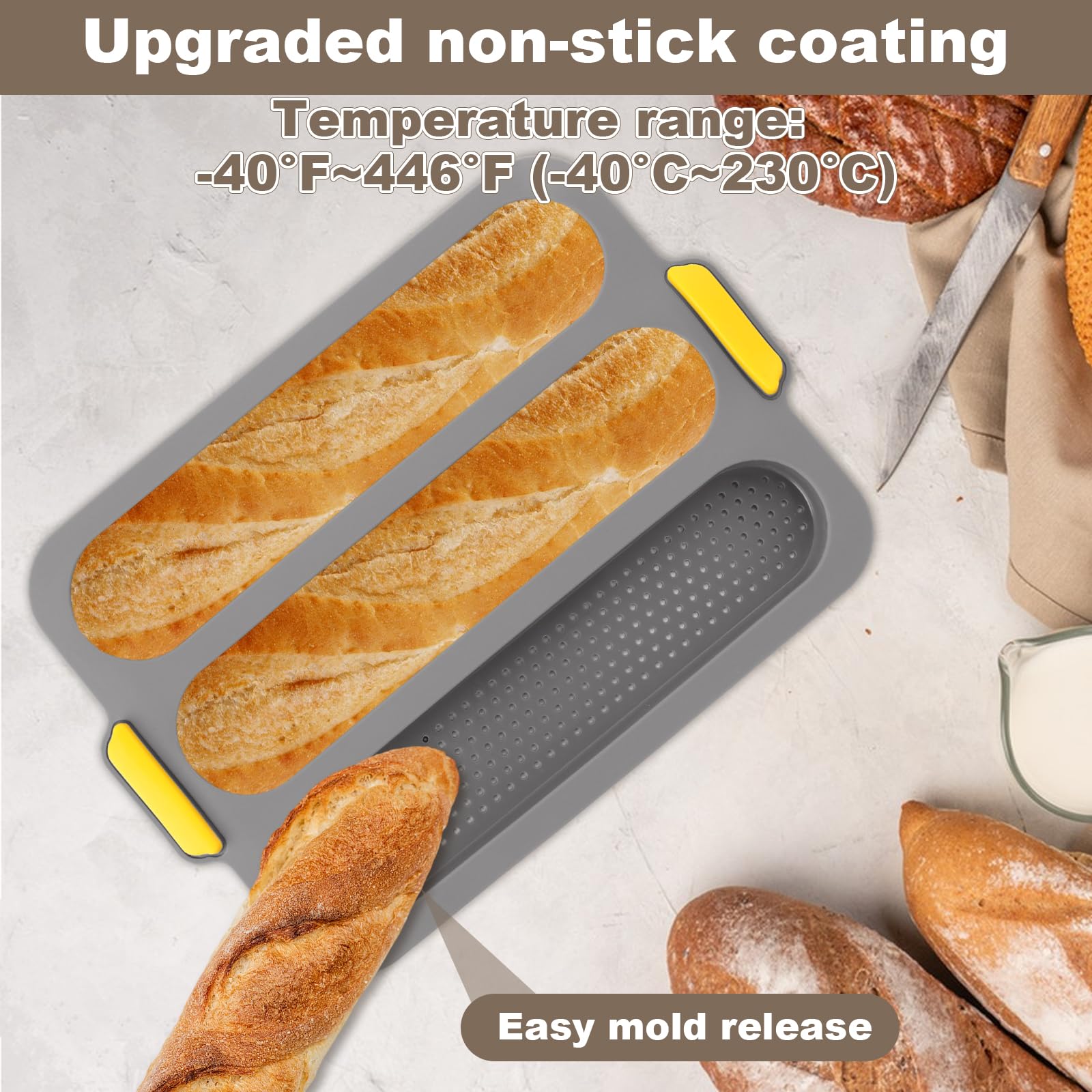 2-Pack Nonstick Silicone Baguette Pan - 3-Wave French Bread Baking Tray for Perfect Loaves & Toast | Oven-Safe Baguette Mold for Homemade Bread, Artisan Baking & French Toast Preparation