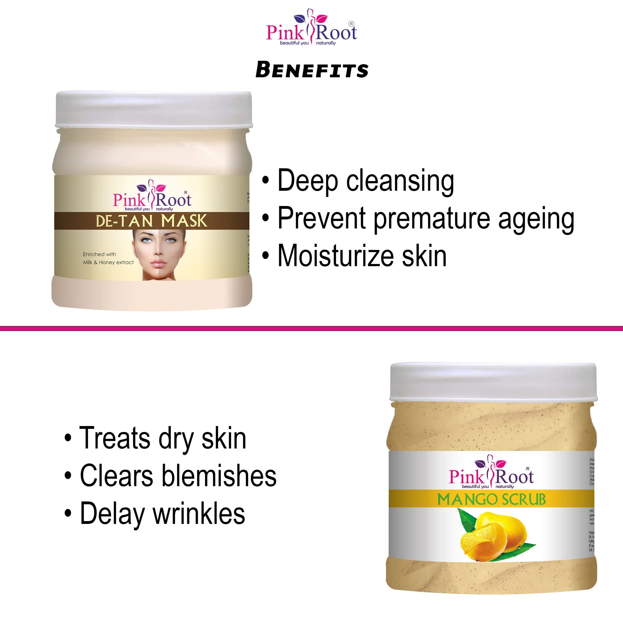 Pink Root Diamond Facial Mask 500ml & Mango Exfoliating Scrub 500ml - Hydrating & Brightening Skincare Set for Glowing Skin | Perfect for Spa Day & Night Routine