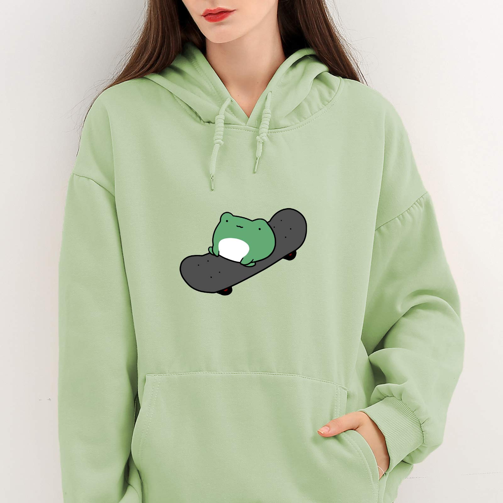 KEEVICI Women's Skateboarding Hoodie and Sweatpants Set - Frog Print Jogger Outfit for Casual Wear, Street Style & Sports