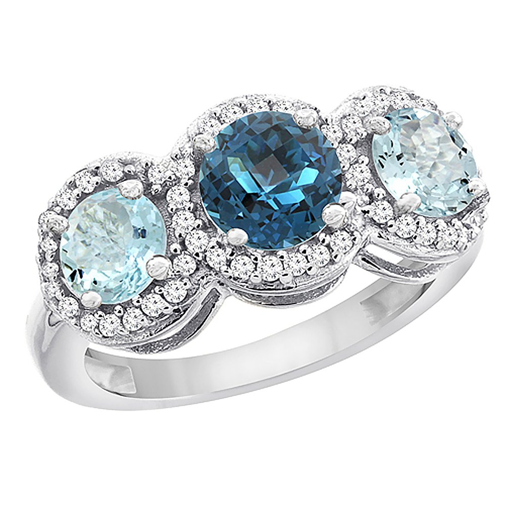 14K White Gold Natural London Blue Topaz & Aquamarine Round 3-Stone Ring with Diamond Accents | Size 5-10 | Elegant Engagement, Anniversary or Gift Jewelry for Women