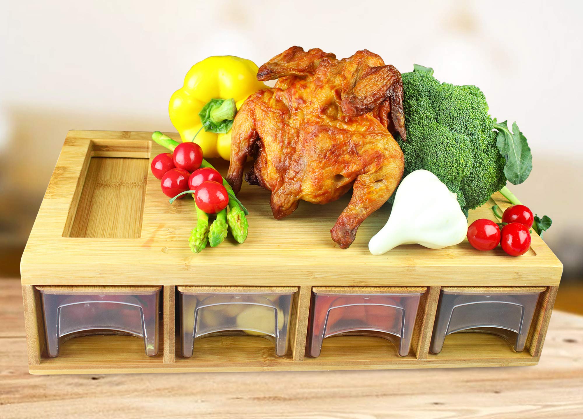 Premium Bamboo Cutting Board with 4 Storage Trays & Lids - Non-Slip Juice Grooves, Ergonomic Handles - Perfect for Meal Prep, Kitchen Organization & Easy Cleanup - Ideal for Home Chefs & Professional Kitchens