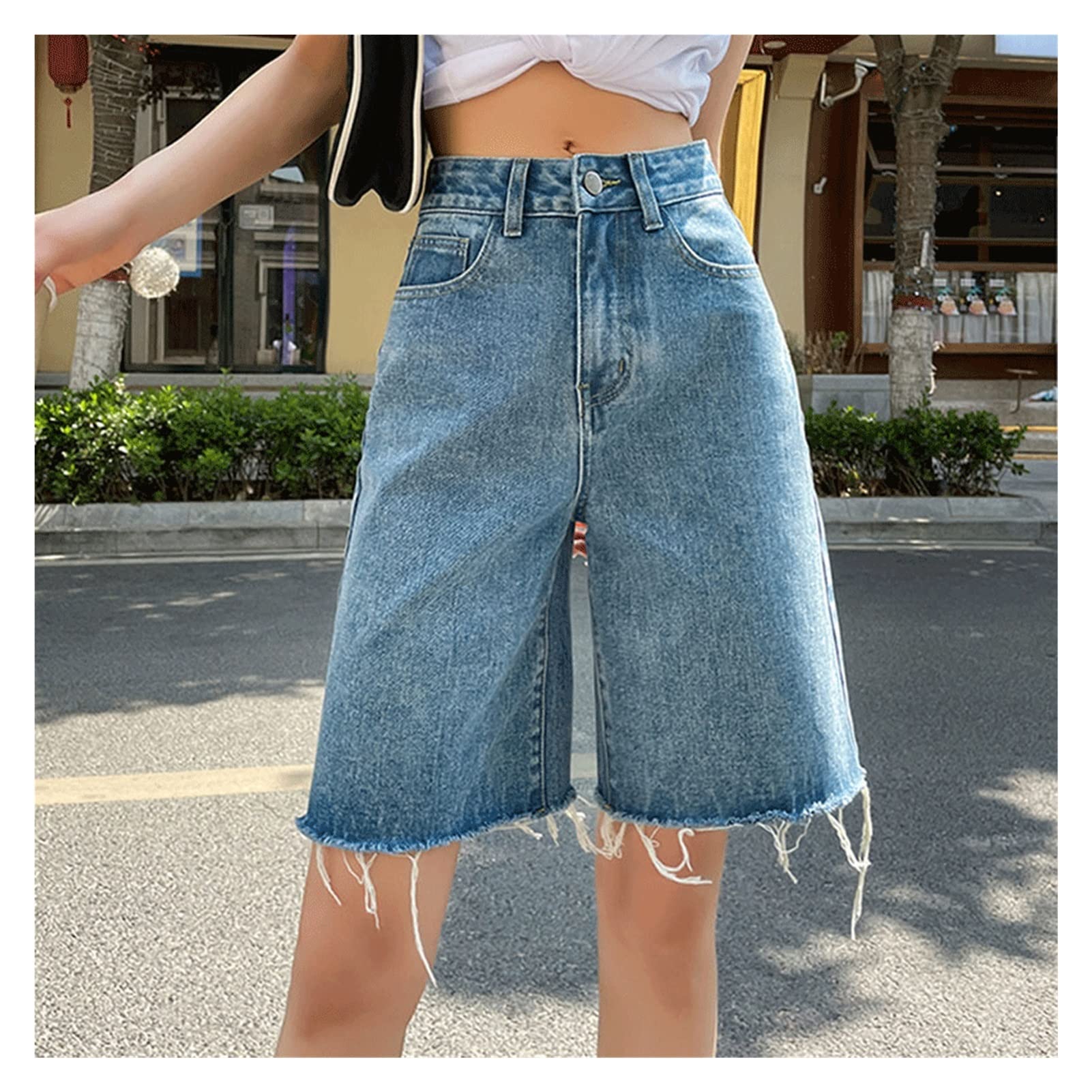 **Women's High Waist Raw Edge Wide Leg Summer Jeans Shorts – Comfortable Half-Length Denim Shorts for Casual Outings, Beach Trips & Streetwear (Color: A, Size: Scode)**