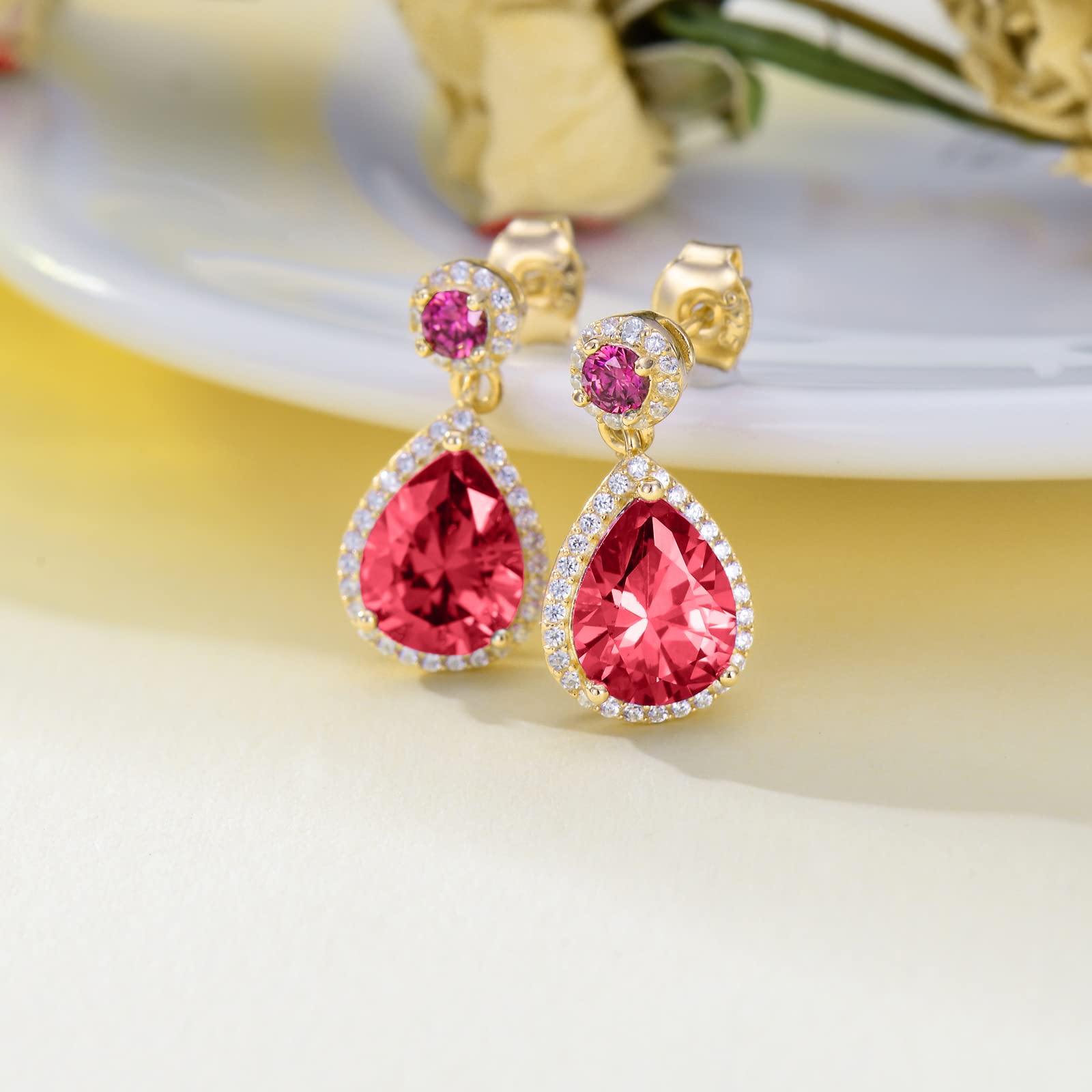 TOUPOP 14k Gold Plated Sterling Silver Birthstone Teardrop Stud Earrings for Women - Elegant Dangle Earrings Jewelry for Mom, Girls, Her | Perfect Birthday Gift, Anniversary Present & Everyday Wear Accessories