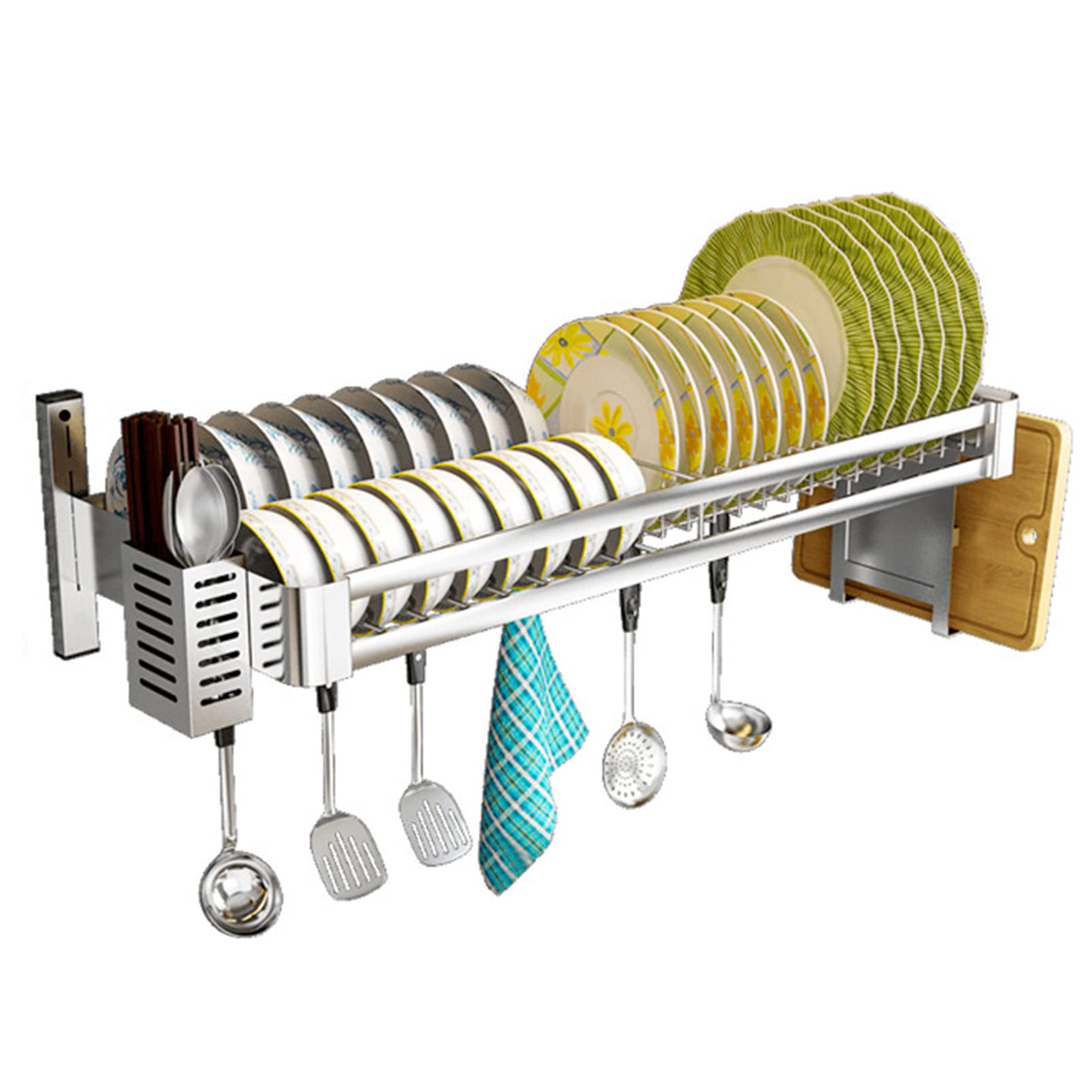 Stainless Steel Over The Sink Dish Drying Rack - Wall Mounted Kitchen Organizer with Utensil Hooks & Knife Holder | Space Saving Plate Drainer for Small Kitchens, Apartments & RVs
