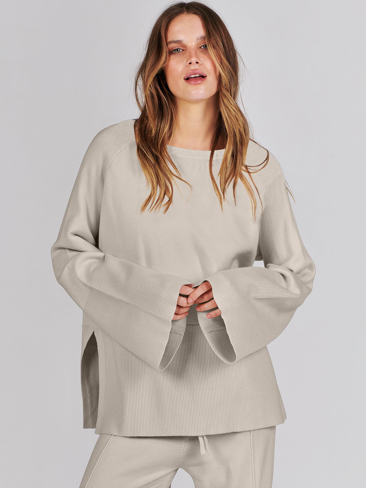 ANRABESS Women's 2 Piece Outfit - Oversized Knit Sweater & Wide Leg Pants Set | Cozy Lounge Wear, Matching Pajama Set | 2024 Trendy Casual Clothes for Home, Travel & Relaxation