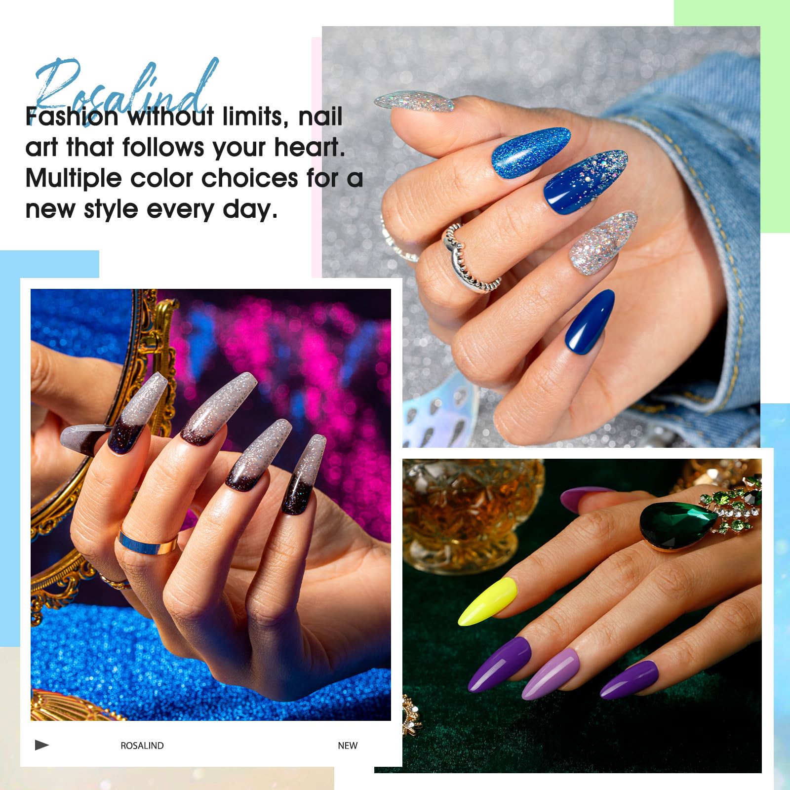 24PCS ROSALIND Semi-Permanent UV Gel Nail Polish Set - 20 Chameleon Colors, Base & Top Coat, Matte & Glitter Top Coat - Black, Blue, Green, Purple Temperature Changing Nail Polish for Home & Salon Manicures
