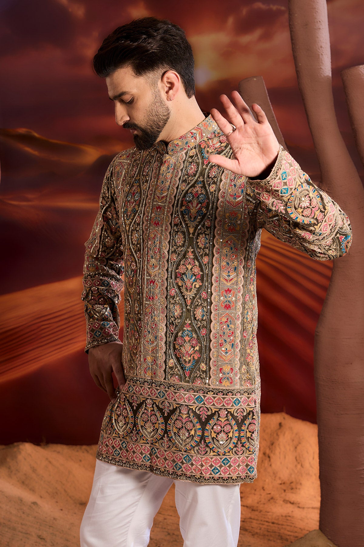 Elegant Mehndi Green Floral Short Chikankari Kurta with Multi-Thread & Zari Work - Perfect for Festivals, Weddings & Ethnic Parties
