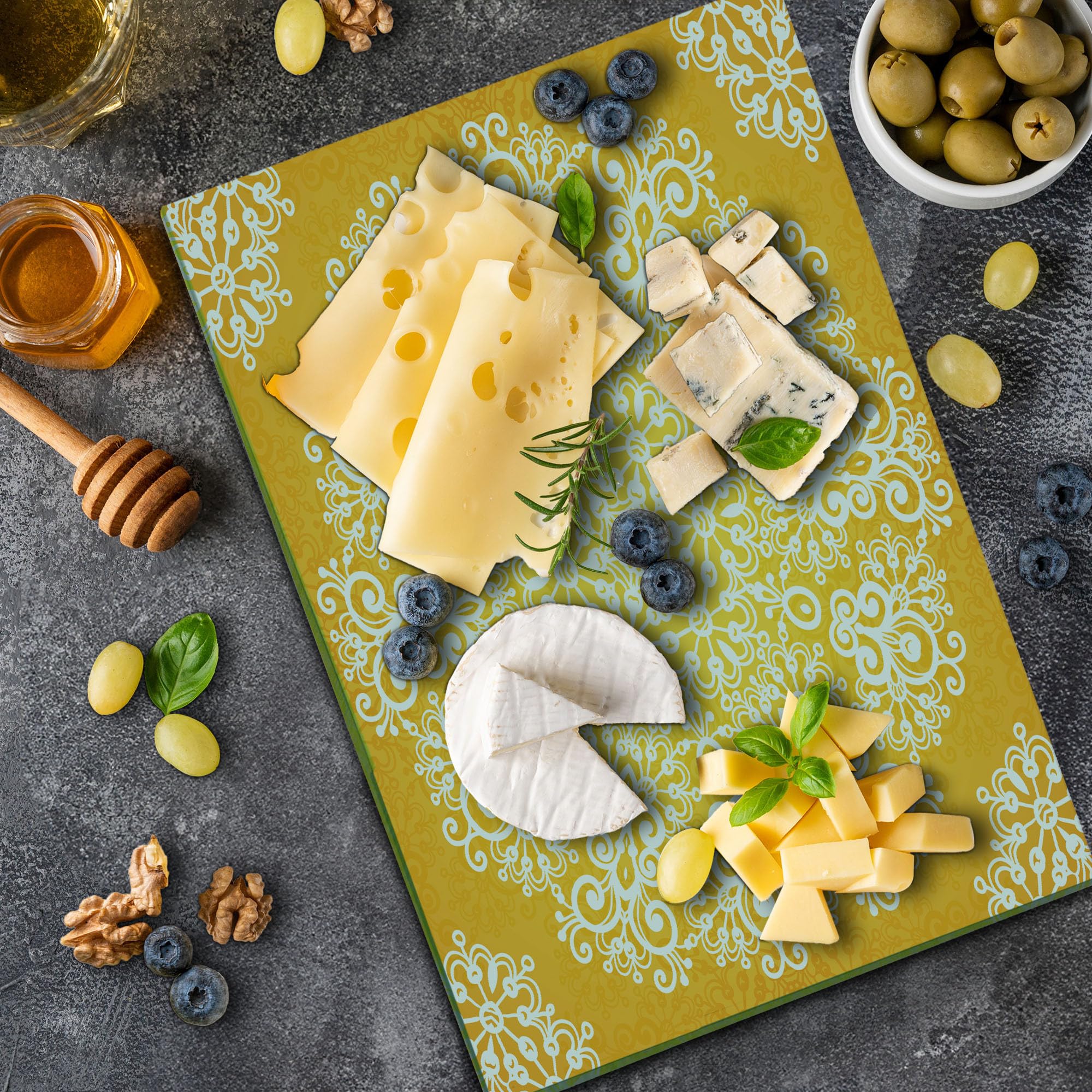 Ambesonne Yellow Glass Cutting Board - Floral Tribal Design for Kitchen & Serving