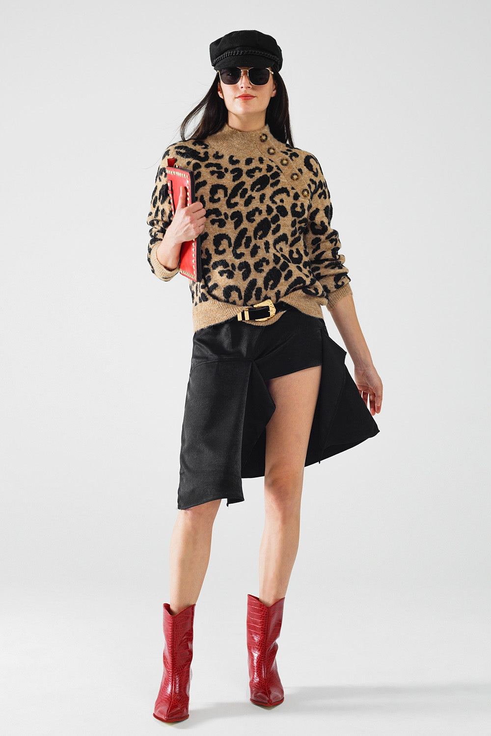 Leopard Print Knit Pullover with Side Buttons - Stylish Casual Wear for Women, Perfect for Office, Date Night & Fall Outfits